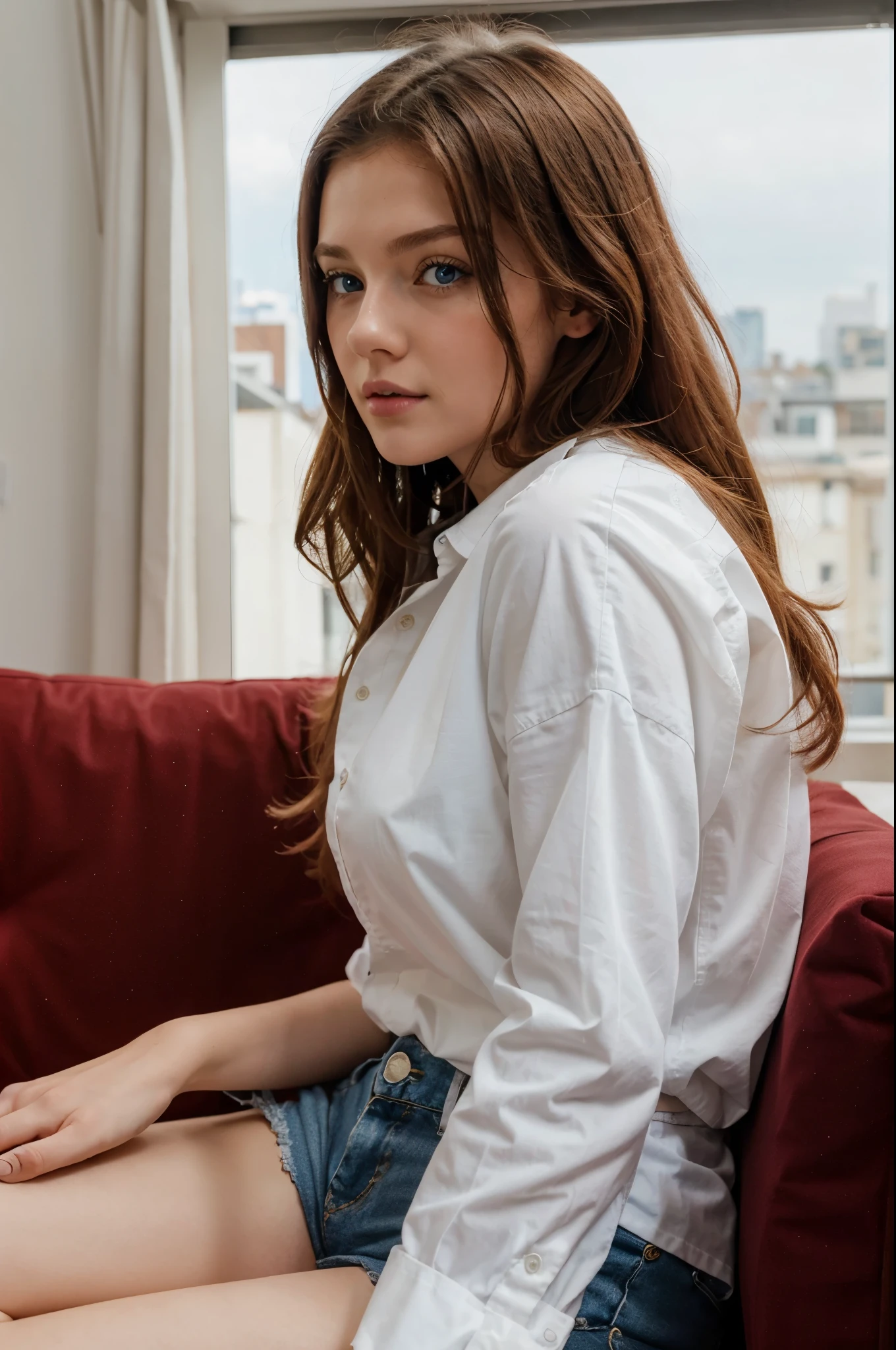 A European girl sitting on the sofa having blue eyes, curly red-headed, wearing full sleeves shirt and white jeans