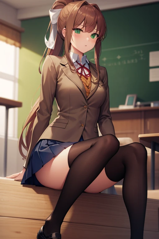 ddlcmonika, ddlcmonika, blunt bangs, brown hair, (green eyes:1.5), long hair, ponytail, ribbon, white ribbon, hair ribbon, sidelocks,
BREAK black thighhighs, blue skirt, brown jacket, jacket, long sleeves, mary janes, over-kneehighs, pleated skirt, school uniform, shoes, skirt, thighhighs, zettai ryouiki
BREAK looking at viewer,
BREAK indoors, classroom,
BREAK (masterpiece:1.2), best quality, high resolution, unity 8k wallpaper, (illustration:0.8), (beautiful detailed eyes:1.6), extremely detailed face, perfect lighting, extremely detailed CG, (perfect hands, perfect anatomy),