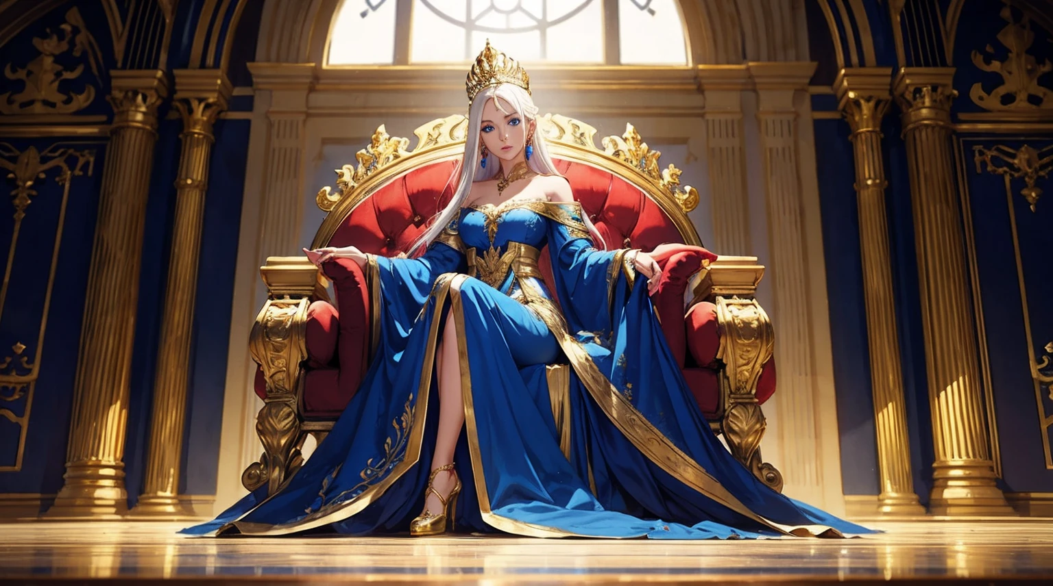 40 year old women, white straight hair, crown, blue eyes, gold jewellery, gold earrings, red gown, golden heels, sitting on throne, detailed face, detailed jewelry, detailed background, elegant, palace background, natural light, detailed background, looking at camera, full body, masterpiece, 8k, UHD, high quality, super detailed, high resolution