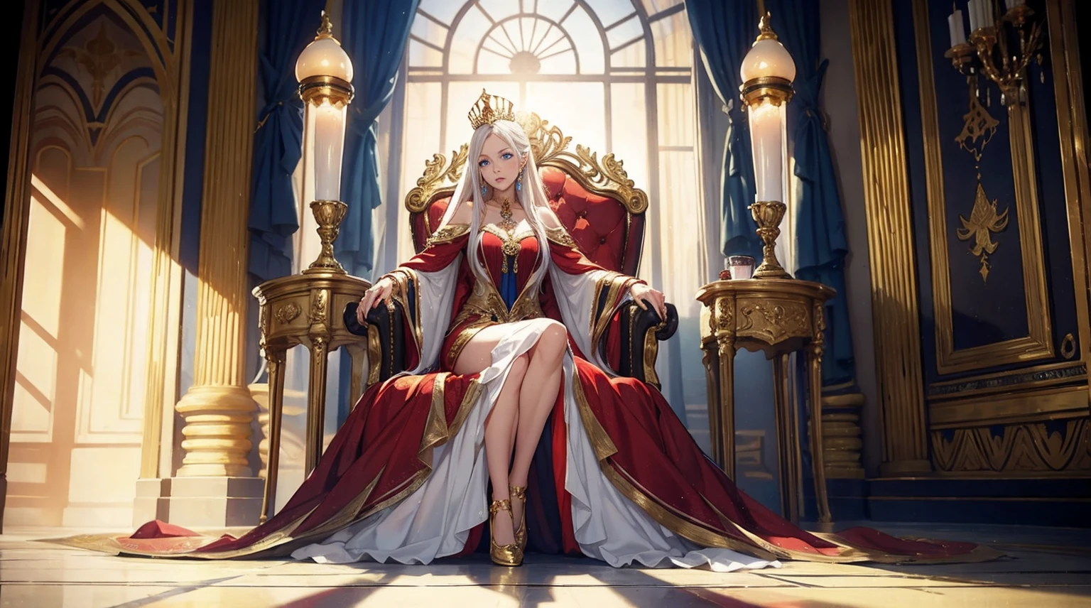 40 year old women, white straight hair, crown, blue eyes, gold jewellery, gold earrings, red gown, golden heels, sitting on throne, detailed face, detailed jewelry, detailed background, elegant, palace background, natural light, detailed background, looking at camera, full body, masterpiece, 8k, UHD, high quality, super detailed, high resolution