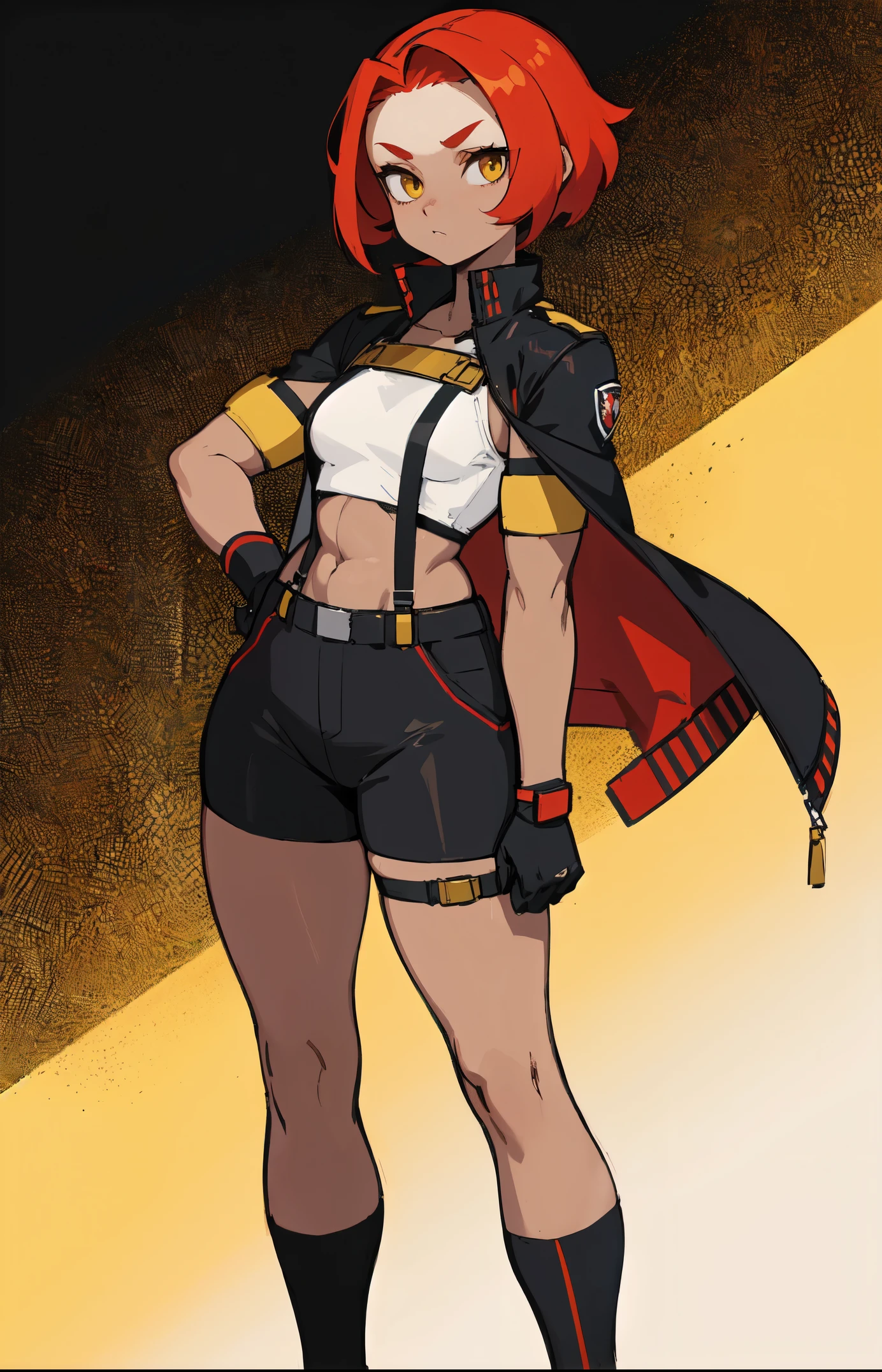 1girl, young woman, solo, short hair, Small hair, (forehead:1.2), yellow eyes, sharp ocular posture, (scarlet red hair), light brown skin tone, Athletic, muscular, medium breasts, (cropped jacket, black jacket), white shirt, collared shirt, (chest harness, shoulder strap:1.15), black leather shorts, pantyhose 7/8, garter belt, gloves, elegant, looking at viewer, standing, mustard color background, masterpiece, best quality, 4k