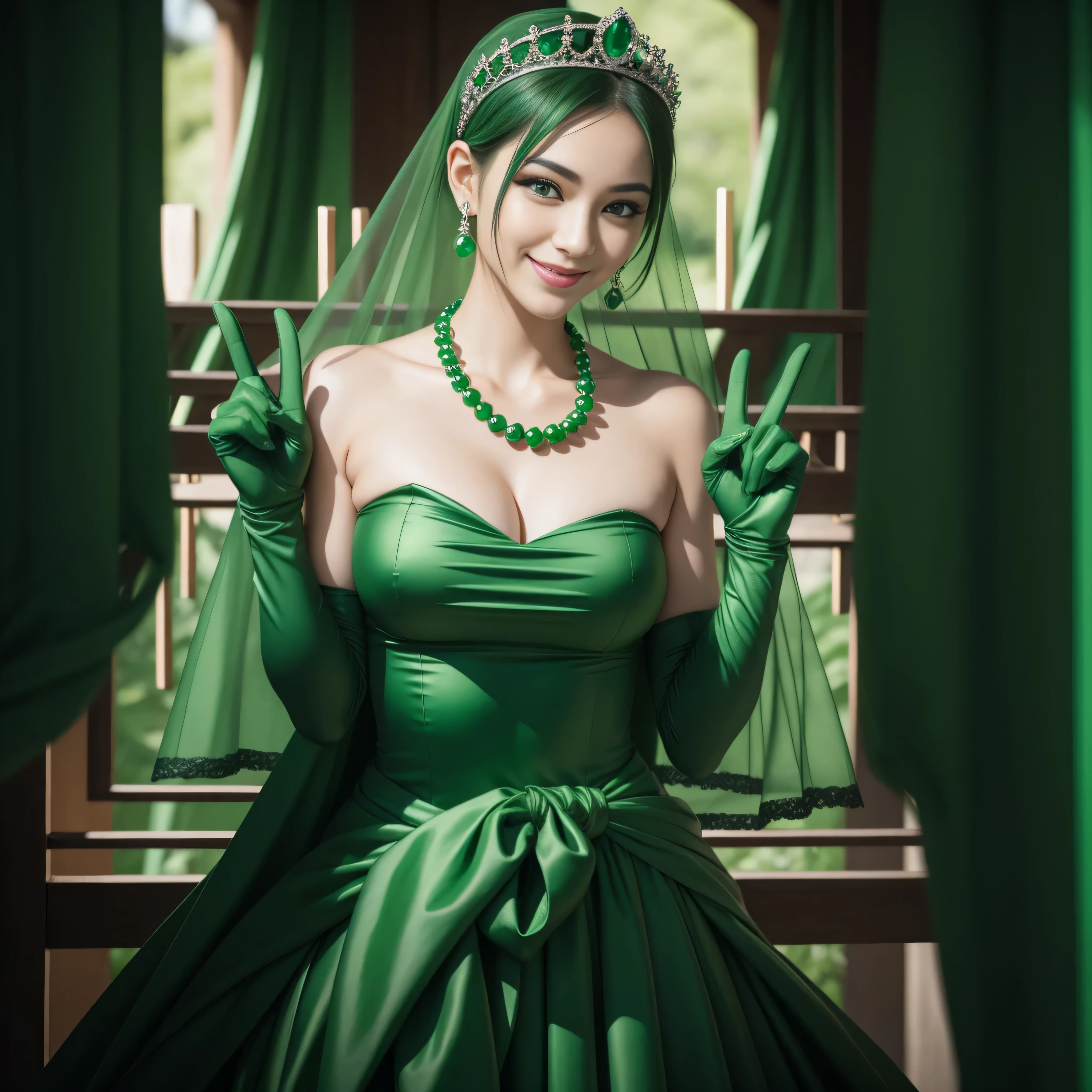 emerald tiara, Green Pearl Necklace, Boyish very short green hair, lipsticks, Japan woman smiling, very short short hair, big breasts beautiful, Green eyes, Long green gloves made of satin material, Green eyes, Emerald Earrings, green vale, v sign