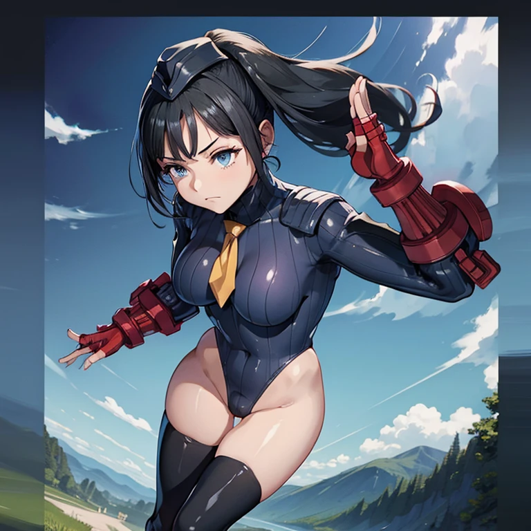 ultra-detailed, Explicit, Beautiful body, Beautiful Nose, Beautiful character design, perfect eyes, perfect face, ultra highres, 4K, beautiful legs, perfect legs, Nice hands, Perfect hand, Masterpiece, Best Quality, Highly detailed, illustration, absurdres, street fighter, doll suit, shadaloo doll, dollsuit, girls, multiple girls, expressionless, blank eyes, looking at viewer, red gloves, emotionless, black latex, corrution, mind control, female combatant, full body, hypnotized, unhappy trance, full body suit, ribbed bodysuit, both arms at side, obey, perfect female body, extremely glossy latex, hypnosis, hypnoLora, empty eyes, Mind control device, poses, submissive_pose, Slave, hat, necktie, stand up straight, standing, standing at attention, hat, necktie, belt, latex, ribbed bodysuit, thighhighs, garter belt, Fighting Stance, extending the right arm from the shoulder into the air with a straightened hand, nazi saluting, military, military saluting, salute, thigh boots, Long hair, black hair, blue eyes, Komichi Akebi, akebi’s Sailor Uniform, Dance