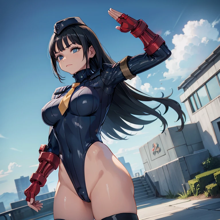 ultra-detailed, Explicit, Beautiful body, Beautiful Nose, Beautiful character design, perfect eyes, perfect face, ultra highres, 4K, beautiful legs, perfect legs, Nice hands, Perfect hand, Masterpiece, Best Quality, Highly detailed, illustration, absurdres, street fighter, doll suit, shadaloo doll, dollsuit, girls, multiple girls, expressionless, blank eyes, looking at viewer, red gloves, emotionless, black latex, corrution, mind control, female combatant, full body, hypnotized, unhappy trance, full body suit, ribbed bodysuit, both arms at side, obey, perfect female body, extremely glossy latex, hypnosis, hypnoLora, empty eyes, Mind control device, poses, submissive_pose, Slave, hat, necktie, stand up straight, standing, standing at attention, hat, necktie, belt, latex, ribbed bodysuit, thighhighs, garter belt, Fighting Stance, extending the right arm from the shoulder into the air with a straightened hand, nazi saluting, military, military saluting, salute, thigh boots, Long hair, black hair, blue eyes, Komichi Akebi, akebi’s Sailor Uniform, Dance