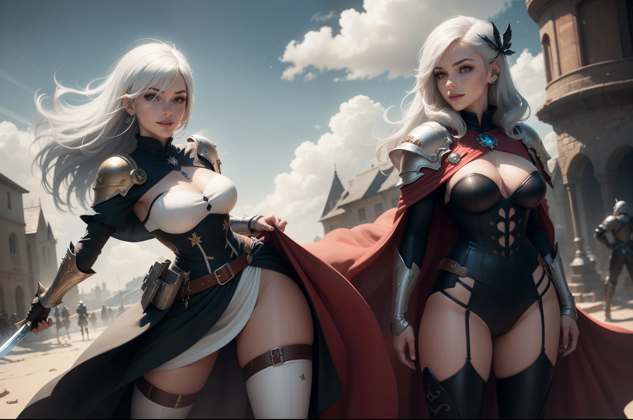 gwen tennyson,1girl,yorha 2b,riven,tracer, overwatch,atelier ryza,close up,battlefield view,tattoos,black and white plugsuit,white short sleeve paladin top,full steel paladin chestplate,white leggings,white paladin corset,long hair,princess makeup,green eyes,multicolored silver hair,long dress train,fierce smile,freckles,beautiful girl,paladin thigh high boots,large breasts,8k,ultra detailed,realistic,fantasy art,silver paladin uniform,queen gown dress,hair pin,ear piercings,snowflake hand and neck jewelry,(weather:windy),long scarlet paladin cape,holding a sword on each hand,(pose: sword raised ready to attack stance),