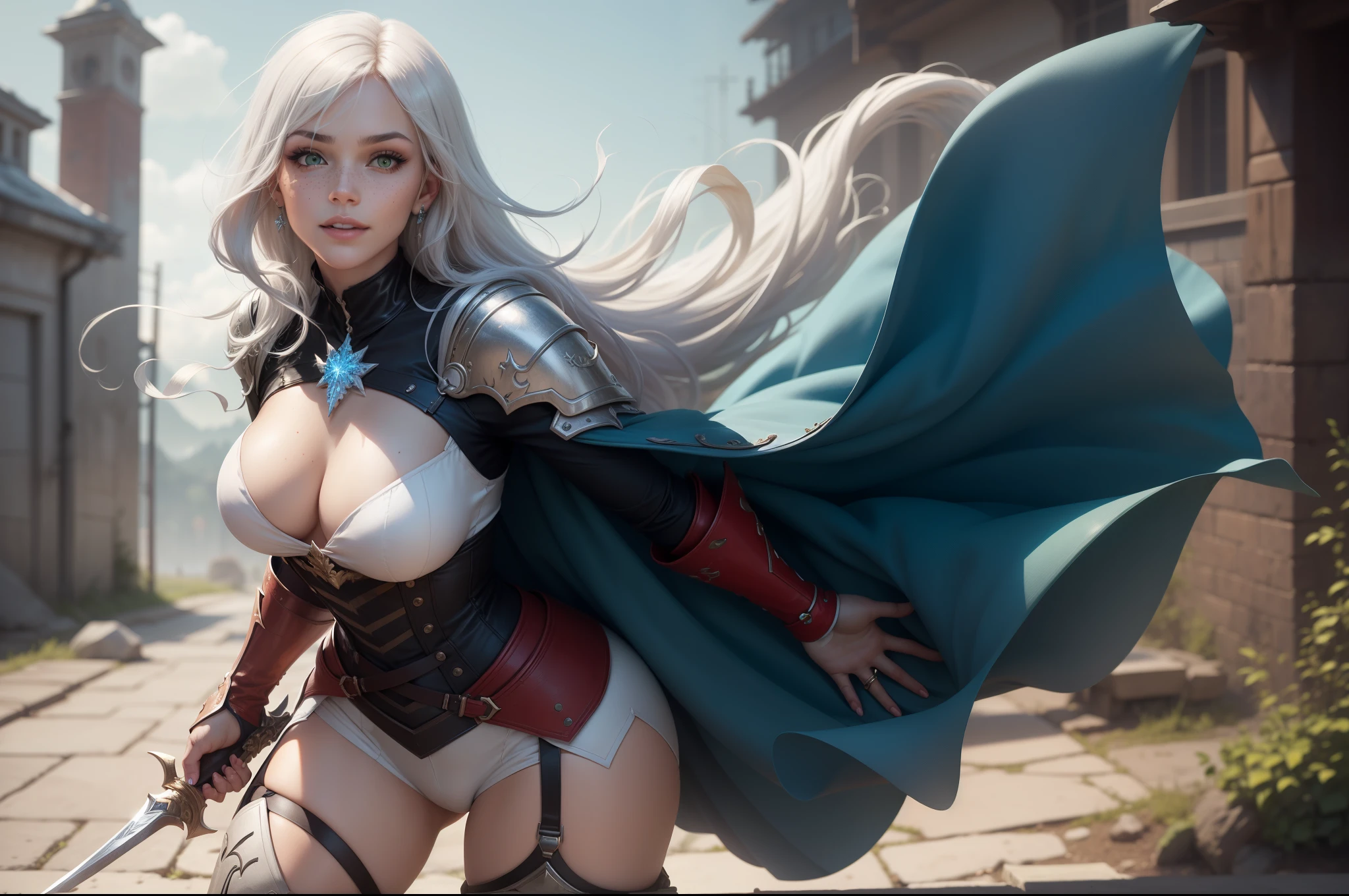 gwen tennyson,1girl,yorha 2b,riven,tracer, overwatch,atelier ryza,close up,battlefield view,tattoos,black and white plugsuit,white short sleeve paladin top,full steel paladin chestplate,white leggings,white paladin corset,long hair,princess makeup,green eyes,multicolored silver hair,long dress train,fierce smile,freckles,beautiful girl,paladin thigh high boots,large breasts,8k,ultra detailed,realistic,fantasy art,silver paladin uniform,queen gown dress,hair pin,ear piercings,snowflake hand and neck jewelry,(weather:windy),long scarlet paladin cape,holding a sword on each hand,(pose: sword raised ready to attack stance),