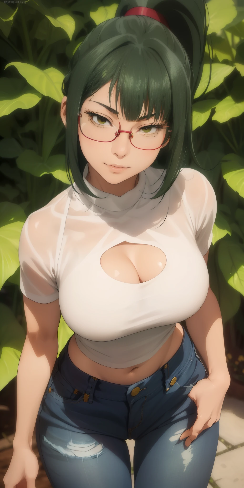 Large round breasts, Maki Zenin ((Maki Zenin)), ((Her hair is dark green, with cut bangs, straight at the height, high ponytail, wears prescription glasses)), double eyelids, beautiful hazel eyes, and details, hyper detailed, light effect on the eyes, detailed irises, sensual body, ((cool red cropped top, jeans, delicate, beautiful and sensual)), cleavage, ((masterpiece, hyper realistic, hyper detailed, best quality, 16k, light and shadow on the skin, vivid colors), eyeliner, sensual expression, perfect lips, innocent and sexy face, (light skin), beautifully seductive and embarrassed, all shy with a sweet smile ((Maki Zenin is very beautiful )), flirting with the viewer, beautiful, charming, (sensual pose in the flower garden)