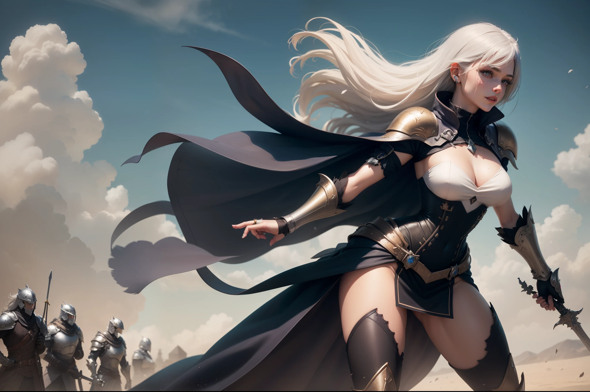 gwen tennyson,1girl,yorha 2b,riven,tracer, overwatch,atelier ryza,close up,battlefield view,tattoos,black and white plugsuit,white short sleeve paladin top,full steel paladin chestplate,white leggings,white paladin corset,long hair,princess makeup,green eyes,multicolored silver hair,long dress train,fierce smile,freckles,beautiful girl,paladin thigh high boots,large breasts,8k,ultra detailed,realistic,fantasy art,silver paladin uniform,queen gown dress,hair pin,ear piercings,snowflake hand and neck jewelry,(weather:windy),long scarlet paladin cape,holding a sword on each hand,(pose: sword raised ready to attack stance),