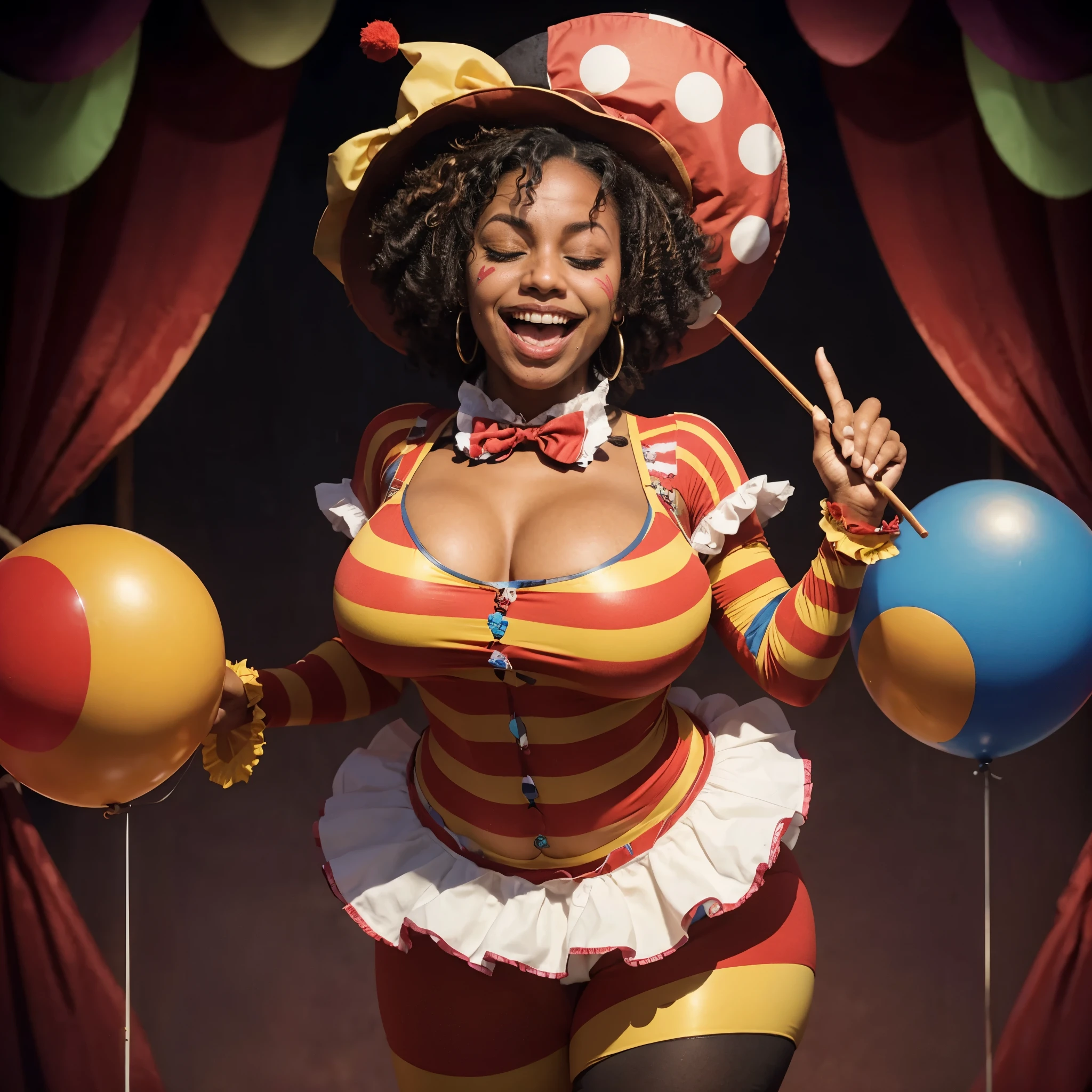 (Ebony), clown, (eyes closed),  laughing, sexy, thicc, circus, magic