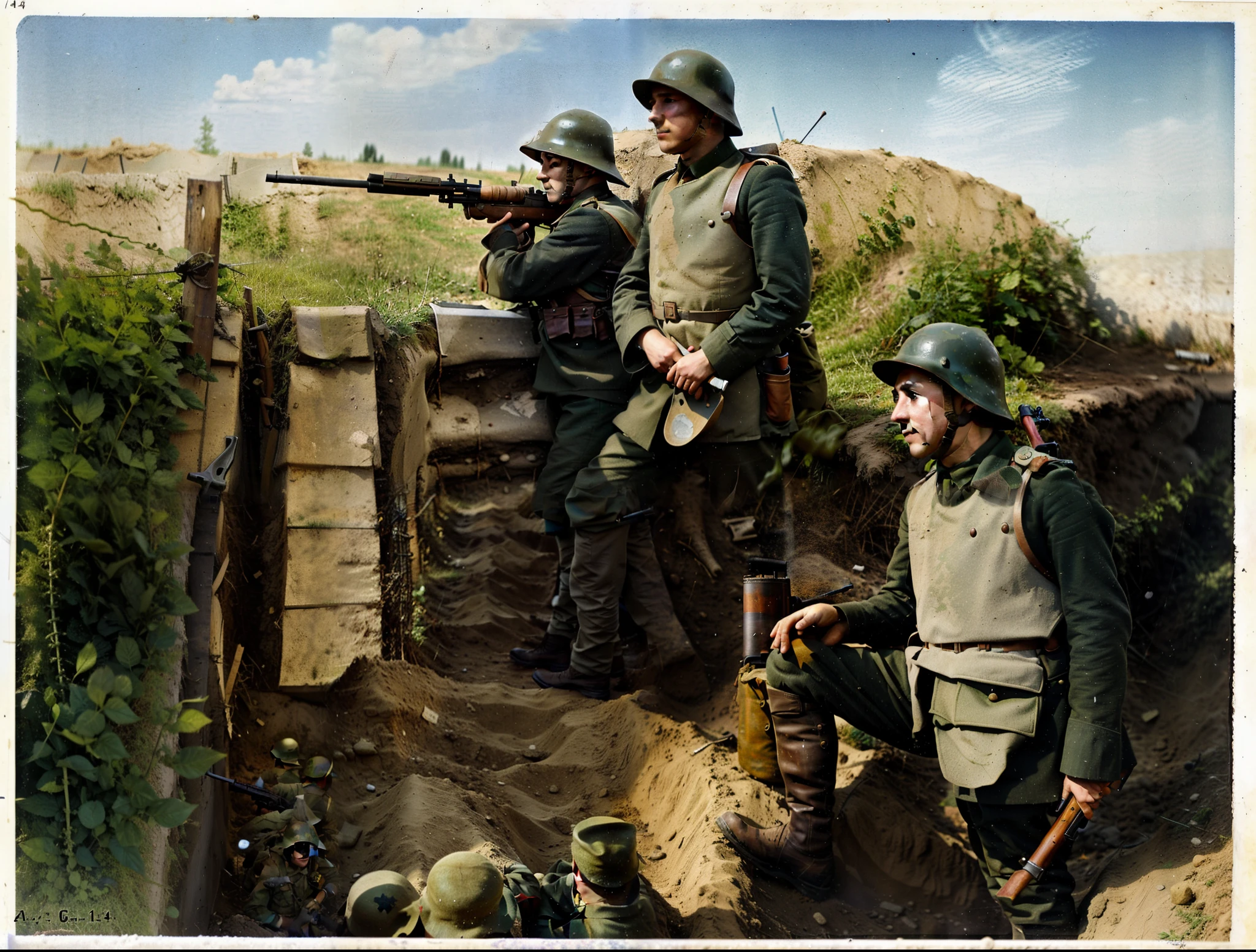 soldiers in uniforms are standing near a fence with a rifle, schutztruppe, ww1 trench, in trenches, trench warfare, russian ww 1, trenches, ww1 film photo, by Adolf Hölzel, ww1 photo, ww 1, ww1, wwi, by Karl Otto Götz, soldiers charging in, fight ww 1, several soldiers