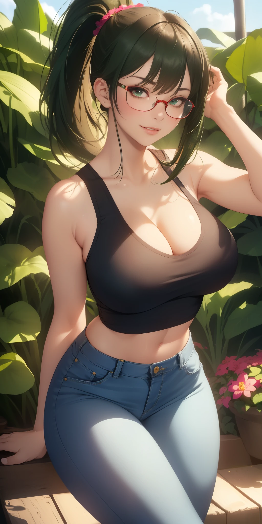 Large round breasts, ((beautiful milf)), ((Her hair is dark green, with cut bangs, straight at the height, high ponytail, wears prescription glasses)), double eyelids, beautiful hazel eyes, and details, hyper detailed, light effect on the eyes, detailed irises, sensual body, ((cool red cropped top, jeans, delicate, beautiful and sensual)), cleavage, ((masterpiece, hyper realistic, hyper detailed, best quality, 16k, light and shadow on the skin, vivid colors), eyeliner, sensual expression, perfect lips, innocent and sexy face, (light skin), beautifully seductive and embarrassed, all shy with a sweet smile (( is very beautiful )), flirting with the viewer, beautiful, charming, (sensual pose in the flower garden)