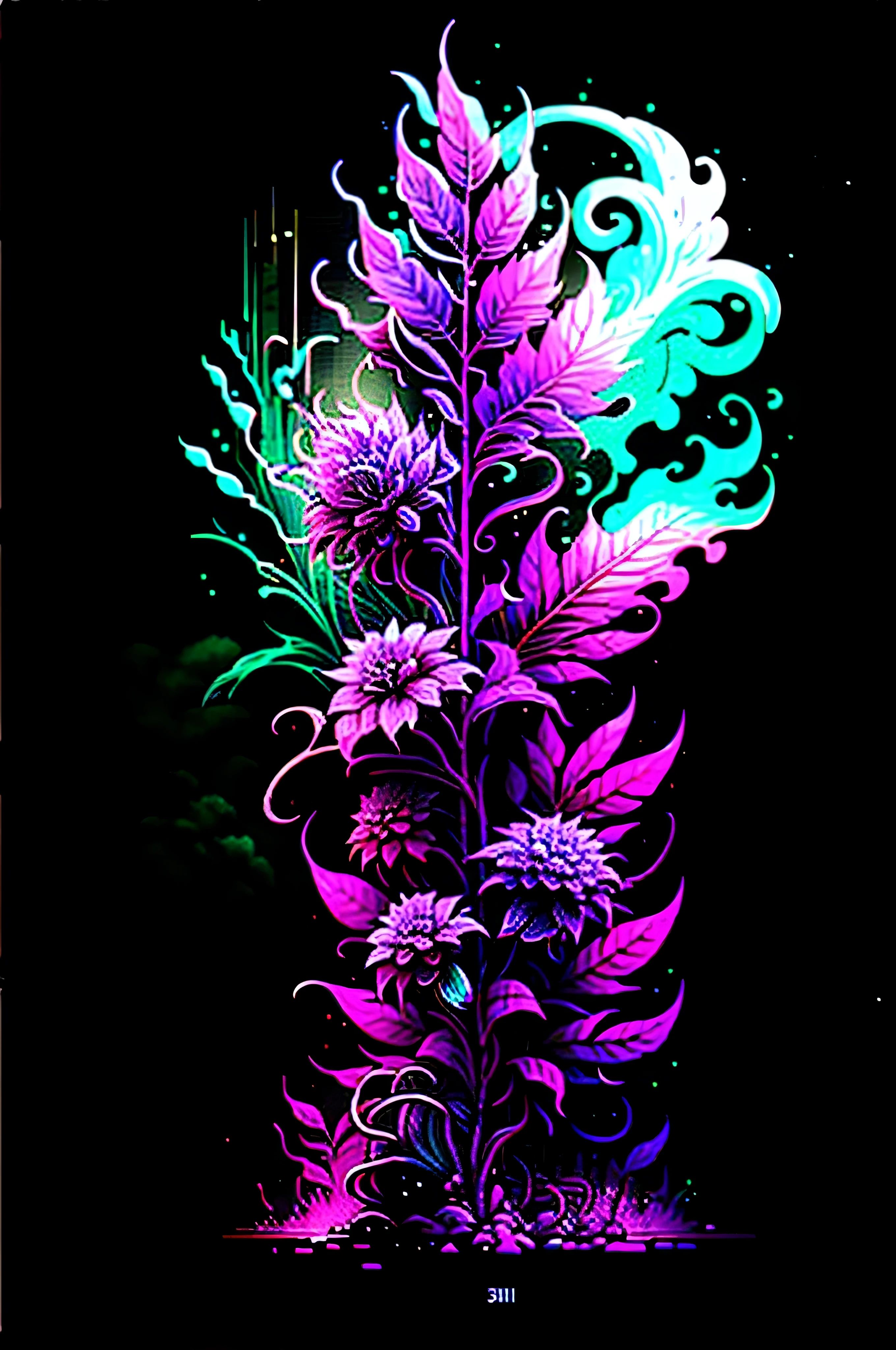 Uma planta de maconha roxa, background with iridescent smoke and neon colors