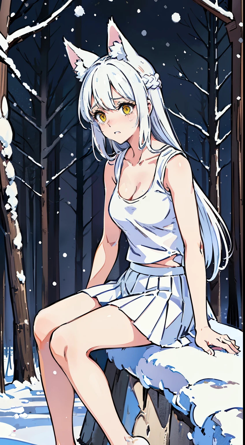 1girl,solo,medium breasts,mature female,,((white sleeveless and shoulderless t-shirt,cleavage, white pleated skirt)),silver hair,long hair,yellow eyes,fox ears,((sitting in snow,snowing,in a forest,night)),from front,(bare feet),crying,from front,(scared face),night,looking to the view