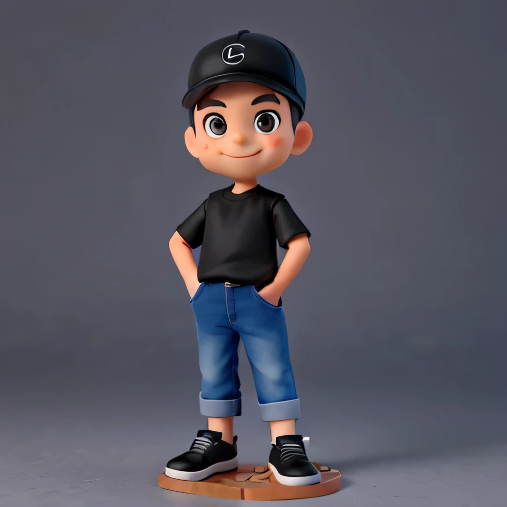 a Cute small male Fashion designer , 45-years-old, huge head, short hair, oval face,smile,fit, tall, Wearing a black baseball cap ,wearing Wear black T-shirt and dark blue jeans and black running shoes,Toy figures, best quality, 3d cartoon,full body view, fantasy, dreamlike, surrealism, super cute, trending on artstation
