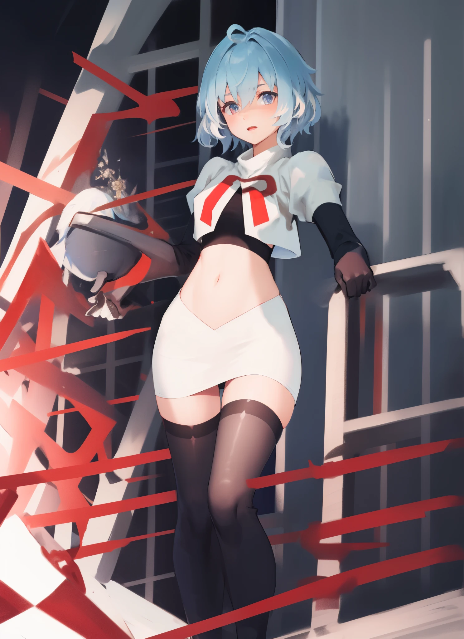 ganyudef, short hair, light blue hair, team rocket,team rocket uniform, red letter R, white skirt,white crop top,black thigh-highs,black elbow gloves