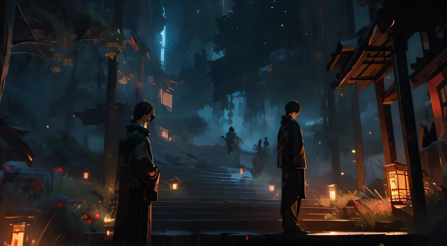 （tmasterpiece：1.2），best qualtiy，realisticlying，Tyndall effect，Underworld，Guns， The tree， scenecy， exteriors，boys，boys with sunglasses , Weapons in hand Japanese clotherom back， malefocus， standing on your feet， buliding， night sky， stairwayack