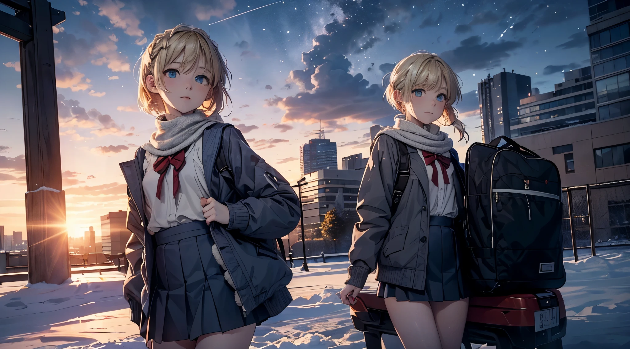 fullnude, masutepiece,8K,octans, Skysky, stele(Skysky), landscapes, starrysky, natta, looks at the camera, takes off her panties, (Legs without stockings:1.iercing gaze, nigh sky, report, plein air, built, clouds, milkyway, 城市, silhuette, Cityscape,(Short, Low twin-tailed blonde hair:1.2), (Deep Blue Eyes:1.iercing gaze, small smile, (winter school uniform:1.1)