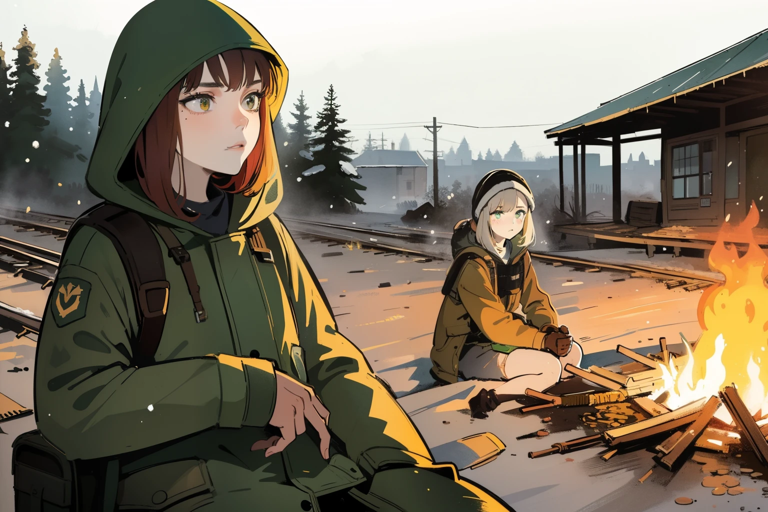 masterpiece, best quality, 2girls, (closeup), (bonfire), 18yo teen, slim, small breast, sitting by bonfire, sad, tired, dirty face, green raincoat, hoods on, goggles on head, (backpacks), military pants, train station, abandoned trains, desolate, snow, winter, dirt, grey, watercolor