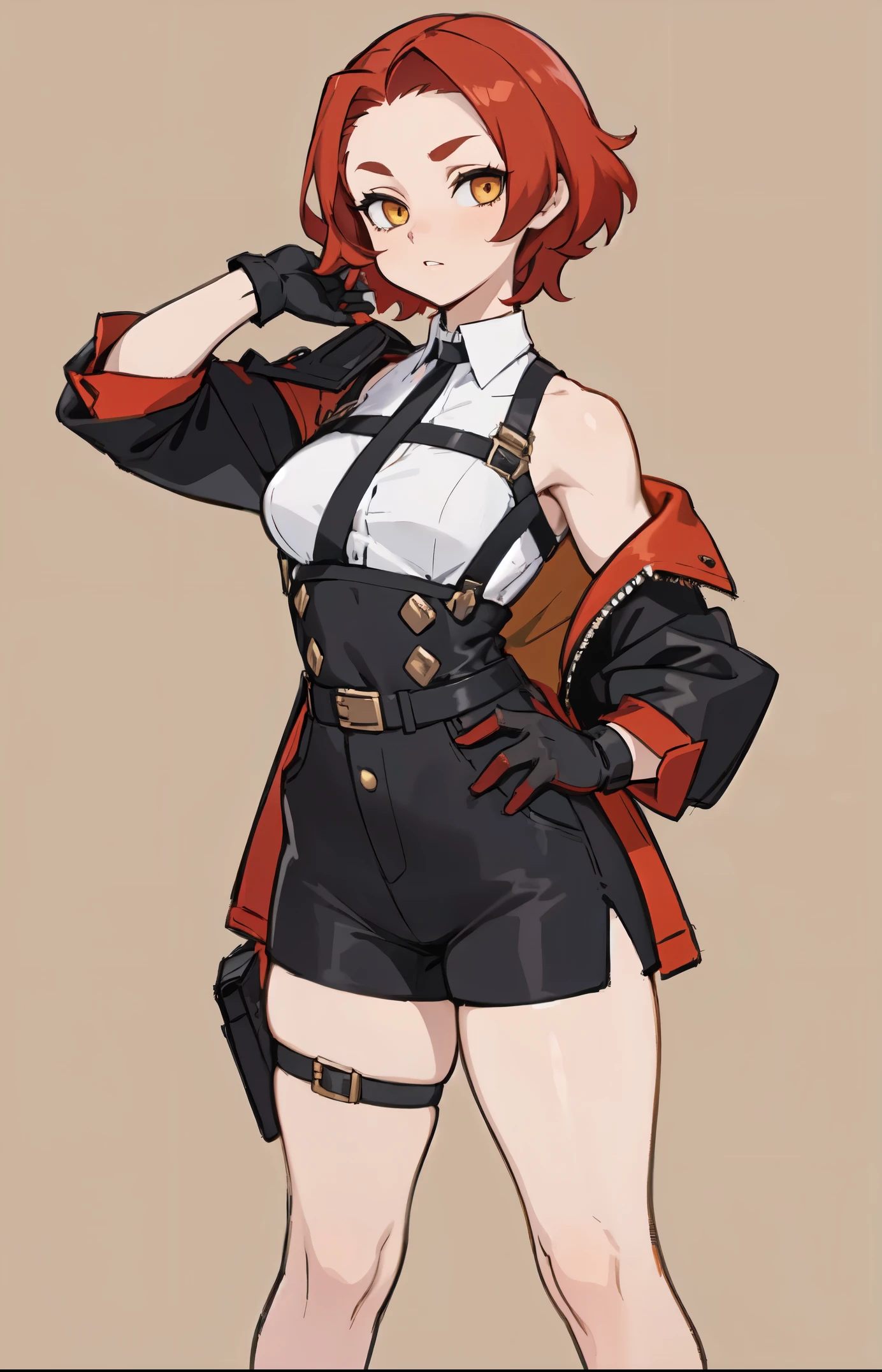 1girl, young woman, solo, short hair, Small hair, (forehead:1.2), yellow eyes, sharp ocular posture, (scarlet red hair), light brown skin tone, Athletic, muscular, medium breasts, (cropped jacket, black jacket), white shirt, collared shirt, (chest harness, shoulder strap:1.15), black leather shorts, pantyhose 7/8, garter belt, gloves, elegant, looking at viewer, standing, mustard color background, masterpiece, best quality, 4k