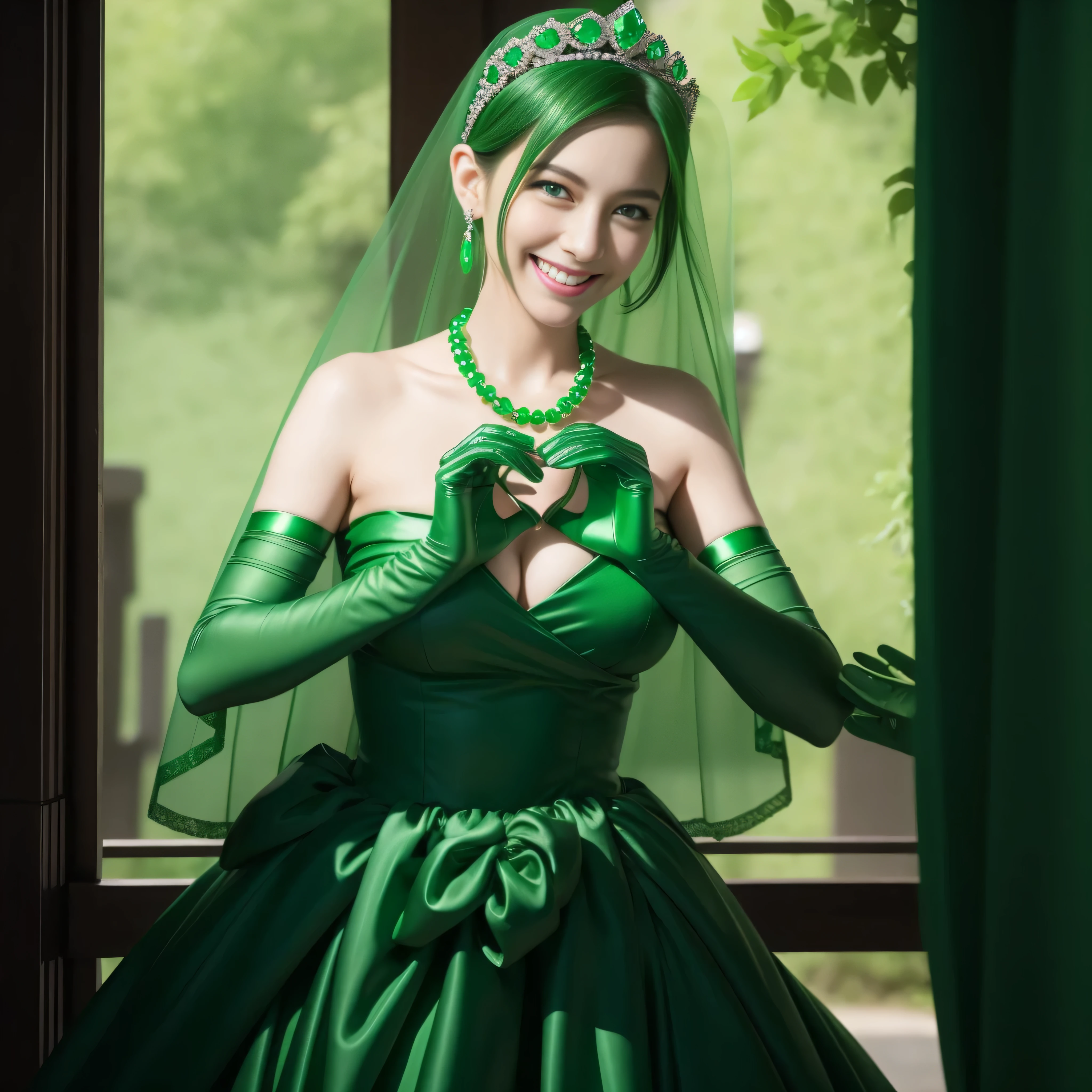 emerald tiara, Green Pearl Necklace, Boyish very short green hair, lipsticks, Japan woman smiling, very short short hair,  big breasts beautiful, Green eyes, Long green gloves made of satin material, Green eyes, Emerald Earrings, green vale, Heart with both hands