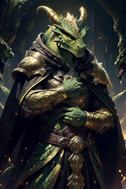 ((Dragonborn, green scales, green eyes, dragon features, dragon face, long gold horns)),  (gold plate armor, armor on chest, gold chest plate, gold pauldrons, black cloak, black robes), closeup, portrait, high details, best quality, 8k, [ultra detailed], masterpiece, best quality, (extremely detailed), dynamic angle, ultra wide shot, photorealistic, RAW, fantasy art, dnd art, fantasy art, realistic art, a wide angle picture of a dragonborn sorcerer ready for battle, (intense details, Masterpiece, best quality: 1.5), D&D dragonborn, green scales dragonborn, dynamic eyes color, reptilian eyes, wearing heavy armor, wearing cloak, long cloak, flowing cloak  (intense details, Masterpiece, best quality: 1.5) , dynamic colors,  (intense details, Masterpiece, best quality: 1.5), (intense details, Masterpiece, best quality: 1.5),  (intense details, Masterpiece, best quality: 1.5), dark temple, evil temple, lightning in background (intense details, Masterpiece, best quality: 1.5), sense of action, atmosphere of danger, conjuring lighting in hand, casting lighting,  shooting lighting from hands