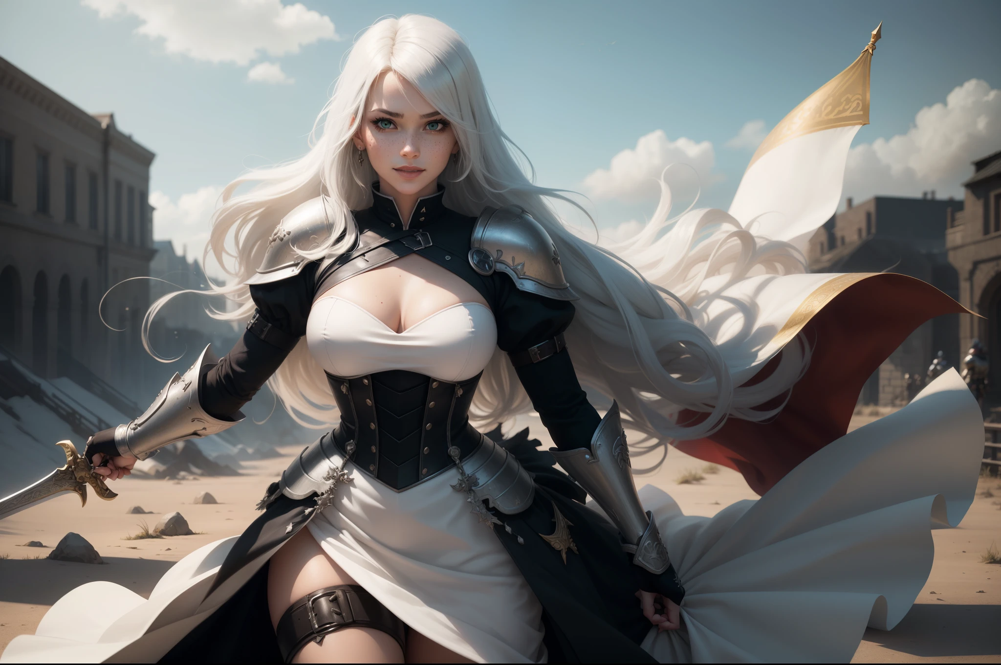 gwen tennyson,1girl,yorha 2b,riven,tracer, overwatch,atelier ryza,close up,battlefield view,tattoos,black and white plugsuit,white short sleeve paladin top,full steel paladin chestplate,long paladin skirt,white paladin corset,long hair,princess makeup,green eyes,multicolored silver hair,long dress train,fierce smile,freckles,beautiful girl,paladin thigh high boots,large breasts,8k,ultra detailed,realistic,fantasy art,silver paladin uniform,queen gown dress,hair pin,ear piercings,snowflake hand and neck jewelry,(weather:windy),long scarlet paladin cape,holding a sword on each hand,(pose: sword raised ready to attack stance),