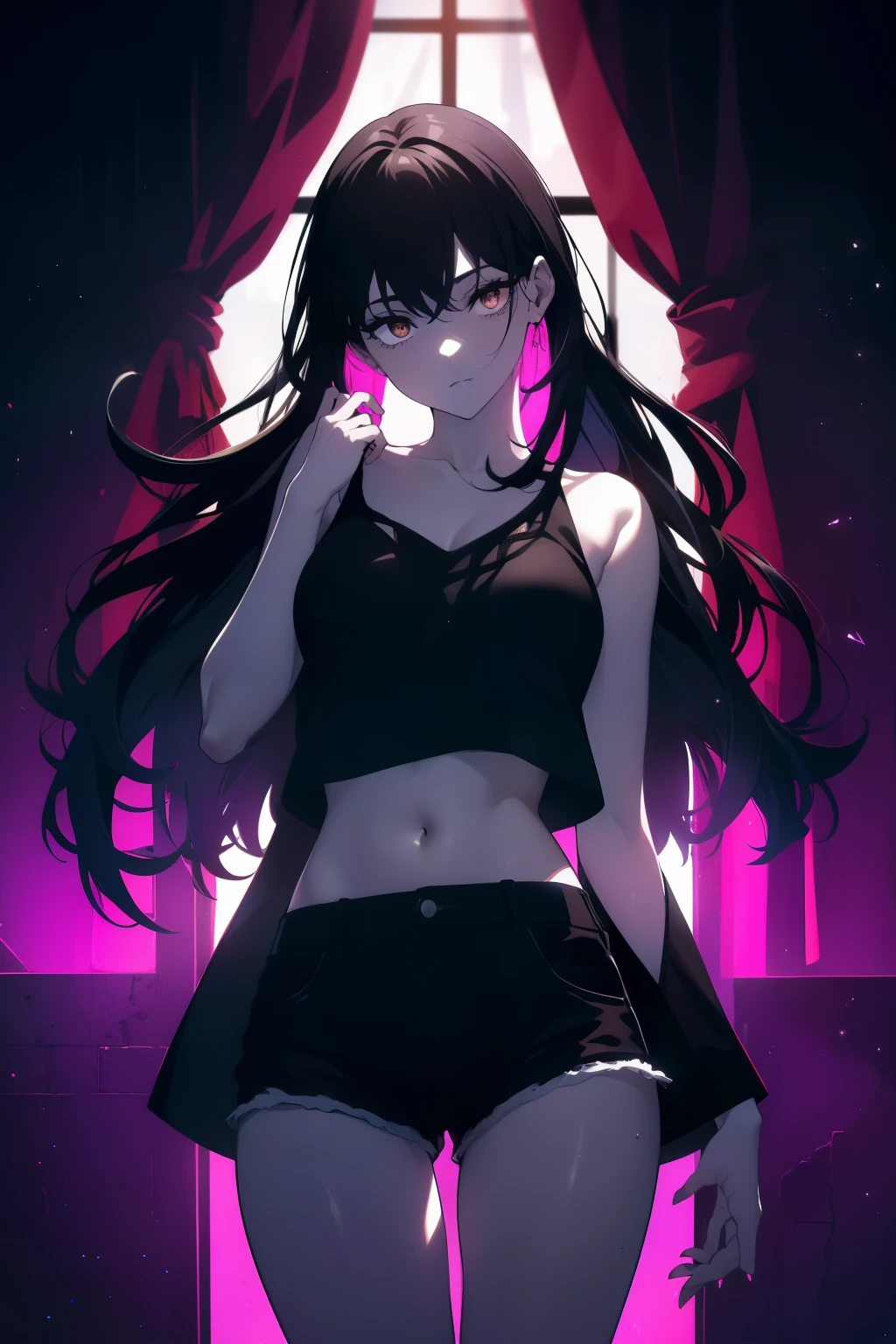 ((((Obra maestra, La mejor calidad, ultrahigh resolution)))), 1girl, happy, partying, black t-shirt, jean shorts, (black hair, dark black hair over eye:1), long hair cut, pale skin, ((brown eyes)), (glowing_eyes), (ultra detailed eyes:0.7, beautiful and detailed face, detailed eyes:0.9), ((centered)), ((over joyed expression)), ((wide shot)), facing viewer, (((indoor part, purple and black lights, black dancing silhouettes:0.9, rave:1))), medium breasts, looking at viewer, ((half closed eyes)), ((perfect hands)), (((head:1, arms, hips in view, elbows, thighs, in view))), ((putting her hands in the air)), lively eyes, beautiful lighting, outside, outdoors, background, defined subject, 25 years old, (head tilt), (((cool))), ((lively))