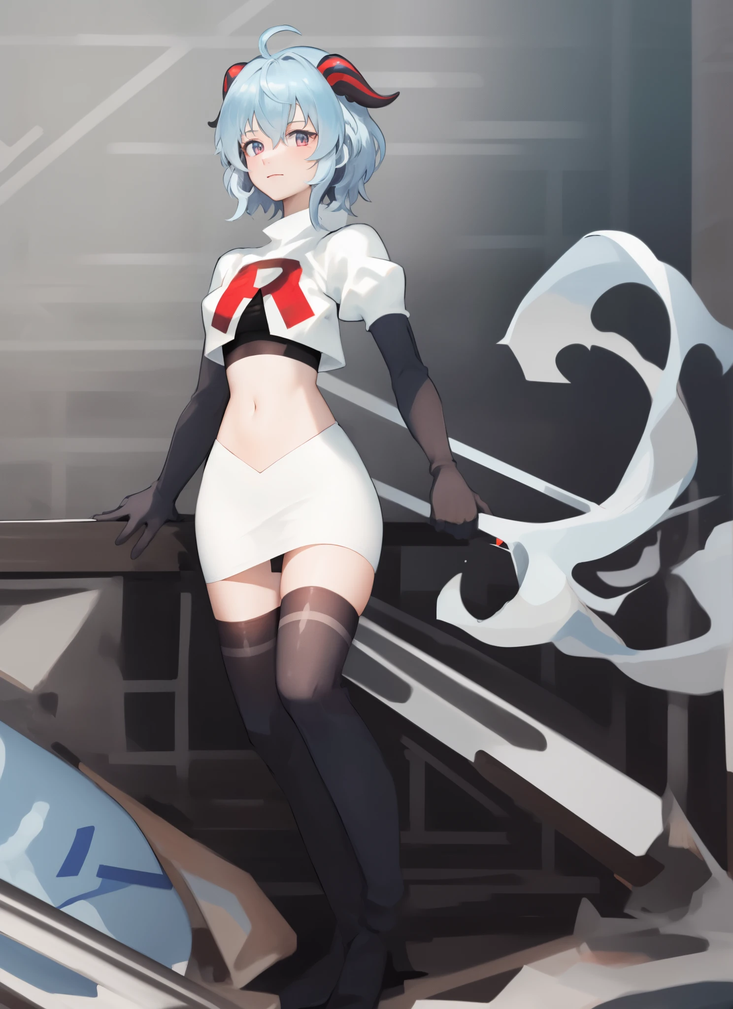 ganyudef, short hair, light blue hair, horns on head, team rocket,team rocket uniform, red letter R, white skirt,white crop top,black thigh-highs,black elbow gloves