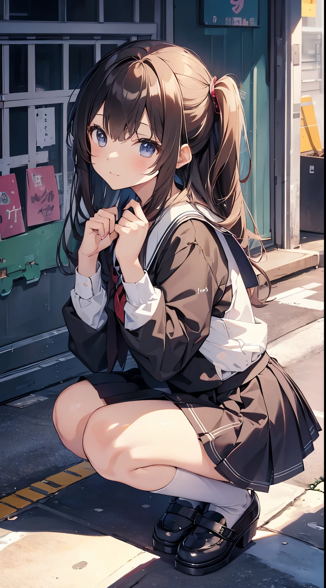 masutepiece、hight resolution、1a person々Cute Girl、hi-school girl、Sitting on the ground with knees upright、Staring at this、