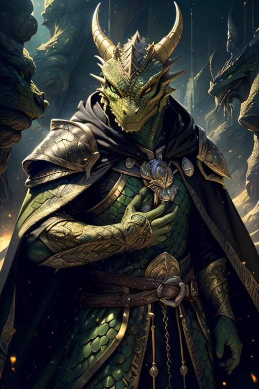 ((Dragonborn, green scales, green eyes, dragon features, dragon face, long gold horns)),  (gold plate armor, armor on chest, gold chest plate, gold pauldrons, black cloak, black robes), full body, closeup, portrait, high details, best quality, 8k, [ultra detailed], masterpiece, best quality, (extremely detailed), dynamic angle, ultra wide shot, photorealistic, RAW, fantasy art, dnd art, fantasy art, realistic art, a wide angle picture of a dragonborn sorcerer ready for battle, (intense details, Masterpiece, best quality: 1.5), D&D dragonborn, green scales dragonborn, dynamic eyes color, reptilian eyes, wearing heavy armor, wearing cloak, long cloak, flowing cloak  (intense details, Masterpiece, best quality: 1.5) , dynamic colors,  (intense details, Masterpiece, best quality: 1.5), (intense details, Masterpiece, best quality: 1.5),  (intense details, Masterpiece, best quality: 1.5), dark temple, evil temple, lightning in background (intense details, Masterpiece, best quality: 1.5), sense of action, atmosphere of danger, conjuring lighting in hand, casting lighting,  shooting lighting from hands