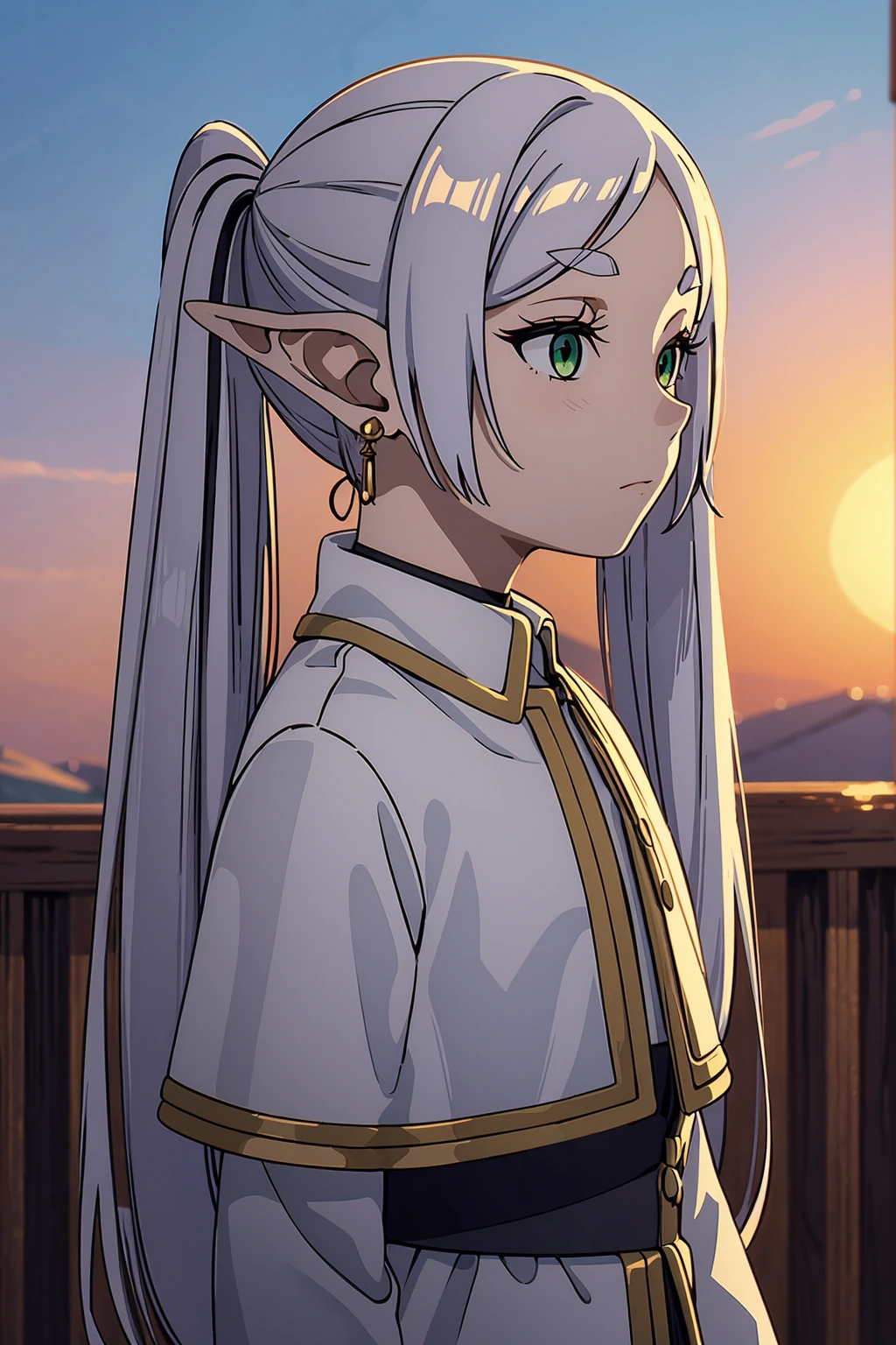 masterpiece, ultra high quality, high defition, high detail, 4K, 8K, 1girl, frieren, expressionless, grey hair, earrings, pointy ears, long hair, ponytail, green eyes, twintails, parted bangs, thick eyebrows, collared capelet, gold line capelet, white capelet, striped shirt, BREAK, dawn, behind of wooden fence, face illuminated by the dawn light, sky, outdoor, BREAK, upper body, from below, animated painting, medieval ,BREAK, beautiful face, best quality, 18yo, from side