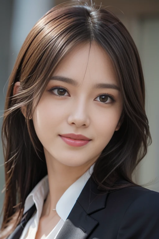 masutepiece, Best Quality, Photorealistic, Ultra-detailed, finely detail, High resolution, 8K Wallpaper, 1 beautiful woman,, light brown messy hair, in a business suit, foco nítido, Perfect dynamic composition, Beautiful detailed eyes, detailed hairs, Detailed realistic skin texture, Smiling, Close-up portrait, Model body type