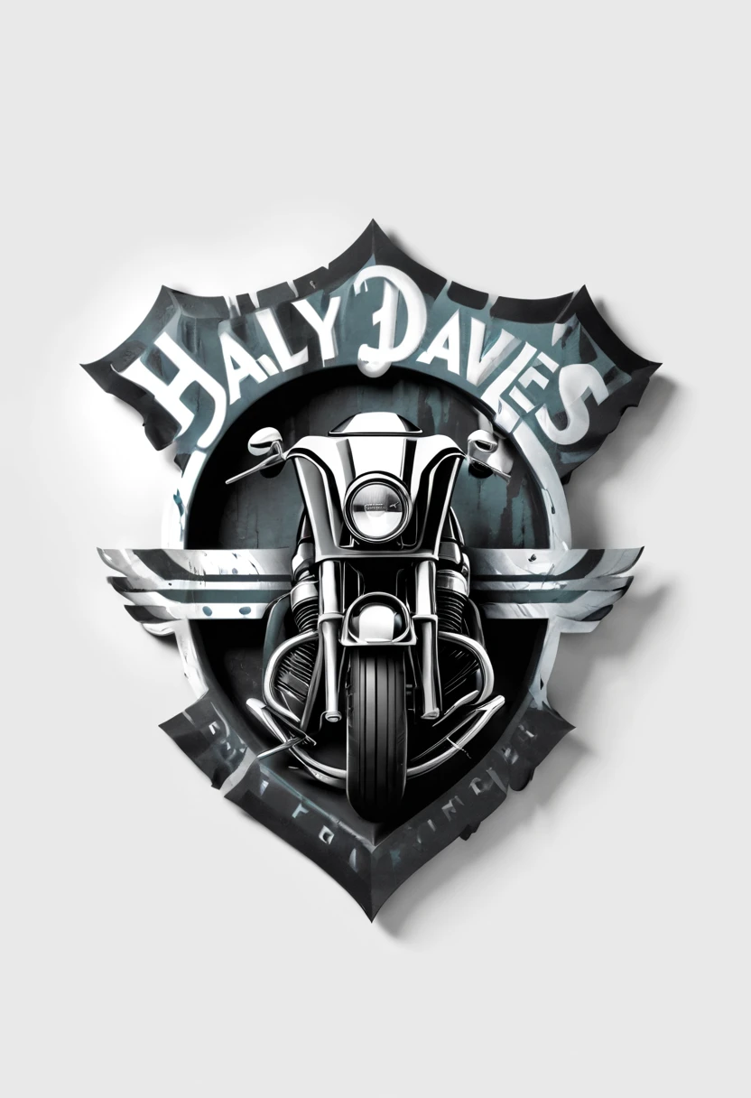 Harley Davidson logo design,t shirt design,beefy style,design only,white background,no model,professional,high contrast,high-res,ultra-detailed,vivid colors,metallic accents,sharp focus,edgy,dynamic composition,gritty texture,rough brush strokes,mechanical elements,chrome effect,classic typography,retro style,distressed look,aggressive lines and curves,3D rendering,striking visual impact,dark shadows,strong branding presence,monochromatic palette,industrial aesthetic