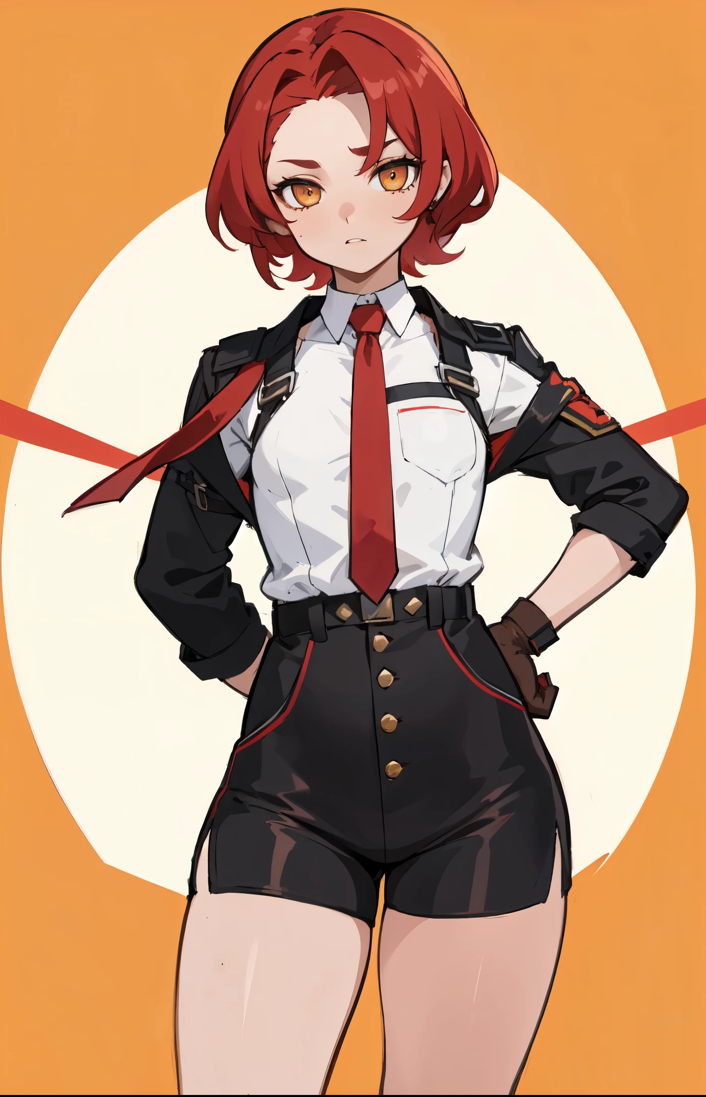 1girl, young woman, solo, short hair, Small hair, (forehead:1.2), yellow eyes, sharp ocular posture, (scarlet red hair), light brown skin tone, Athletic, muscular, medium breasts, (cropped jacket, black jacket), white shirt, collared shirt, (chest harness, shoulder strap:1.15), black leather shorts, pantyhose 7/8, garter belt, gloves, elegant, looking at viewer, standing, mustard color background, masterpiece, best quality, 4k
