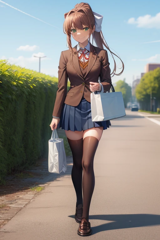 ((full body:1.4)), ((walking:1.4)), ((holding bag on hand:1.4)), ((smug face:1.4)), ddlcmonika, ddlcmonika, blunt bangs, brown hair, (green eyes:1.5), long hair, ponytail, ribbon, white ribbon, hair ribbon, sidelocks,
BREAK black thighhighs, blue skirt, brown jacket, jacket, long sleeves, mary janes, over-kneehighs, pleated skirt, school uniform, shoes, skirt, thighhighs, zettai ryouiki
BREAK looking at viewer,
BREAK outside, park background,
BREAK (masterpiece:1.2), best quality, high resolution, unity 8k wallpaper, (illustration:0.8), (beautiful detailed eyes:1.6), extremely detailed face, perfect lighting, extremely detailed CG, (perfect hands, perfect anatomy), ((brown loafers:1.4)), ((view from down:1.4)), ((sky from bellow:1.4)),