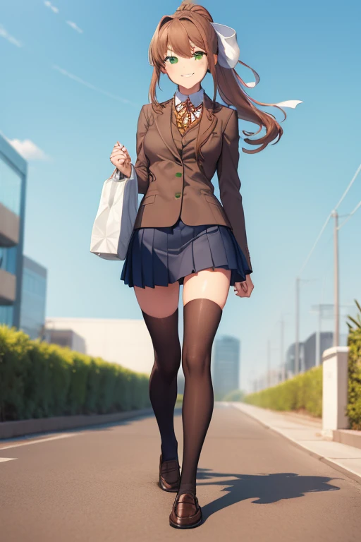 ((full body:1.4)), ((walking:1.4)), ((holding bag on hand:1.4)), ((smug face:1.4)), ddlcmonika, ddlcmonika, blunt bangs, brown hair, (green eyes:1.5), long hair, ponytail, ribbon, white ribbon, hair ribbon, sidelocks,
BREAK black thighhighs, blue skirt, brown jacket, jacket, long sleeves, mary janes, over-kneehighs, pleated skirt, school uniform, shoes, skirt, thighhighs, zettai ryouiki
BREAK looking at viewer,
BREAK outside, park background,
BREAK (masterpiece:1.2), best quality, high resolution, unity 8k wallpaper, (illustration:0.8), (beautiful detailed eyes:1.6), extremely detailed face, perfect lighting, extremely detailed CG, (perfect hands, perfect anatomy), ((brown loafers:1.4)), ((view from down:1.4)), ((sky from bellow:1.4)),