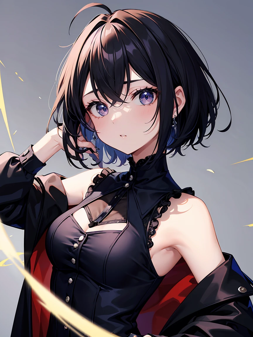 (masterpiece, highest quality, highest quality, (No text), Beautiful and aesthetic:1.2),No text,アニメ、BREAK,One Girl，Black Hair Girl　short hair　older sister　choker　Beautiful eyes　Red eyes　cool　smile　Red and Black　one piece　mini skirt　whole body　In town