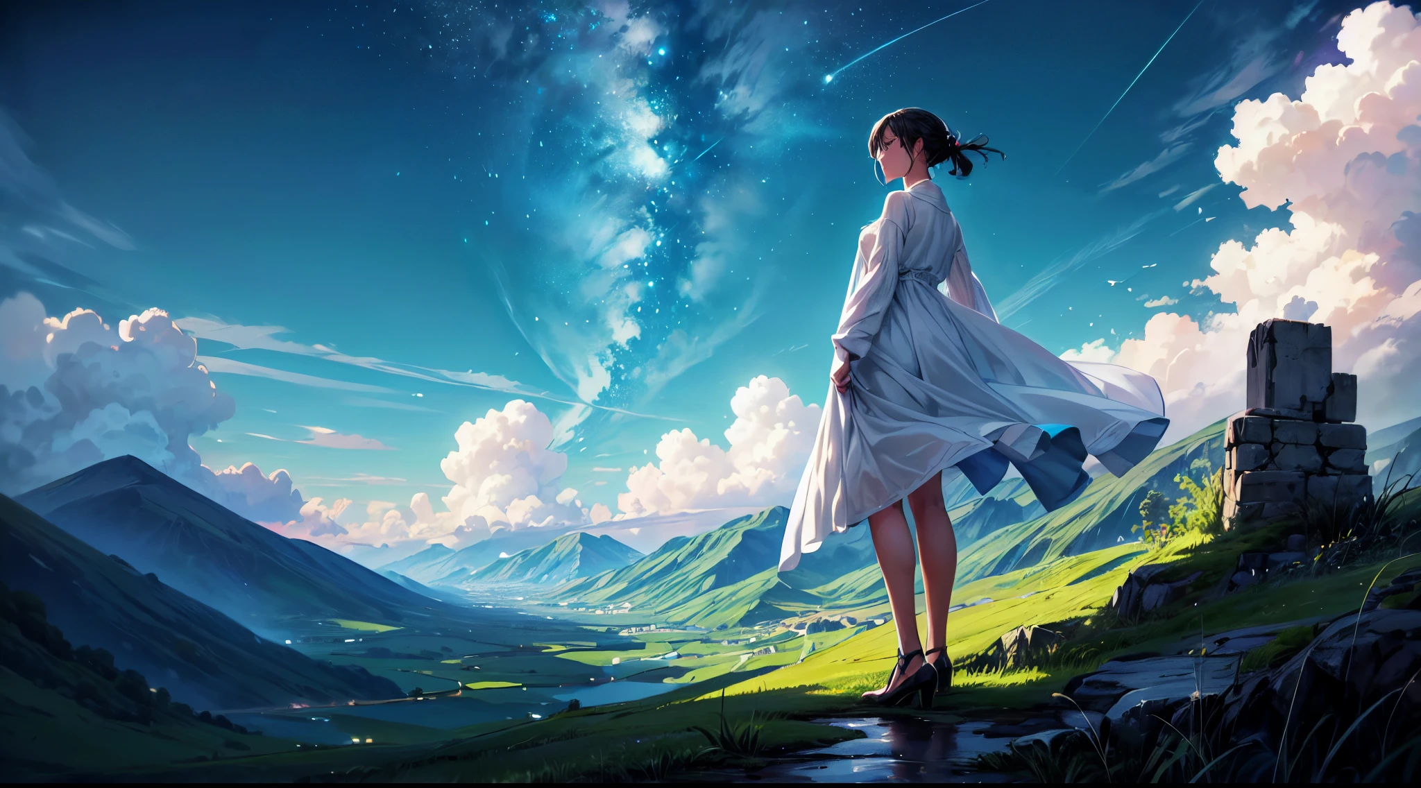 A woman who was looking at the vast sky, Vast sky, 1woman, 1character, looking at sky, sky with cloud, many clouds, glowing light, nightshirt, over green mountains, detailed promp, detailed ???????, Masterpiece, detailed body, ultra resolution, ultra-detailed