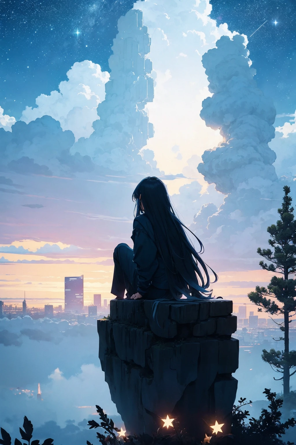 octans, sky, star (sky), scenery, starry sky, night, 1girl, night sky, solo, outdoors, building, cloud, milky way, sitting, tree, long hair, city, silhouette, cityscape