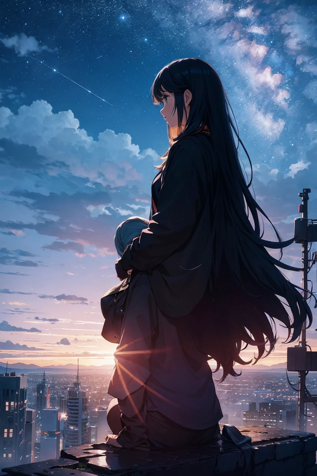 octans, sky, star (sky), scenery, starry sky, night, 1girl, night sky, solo, outdoors, building, cloud, milky way, sitting, tree, long hair, city, silhouette, cityscape