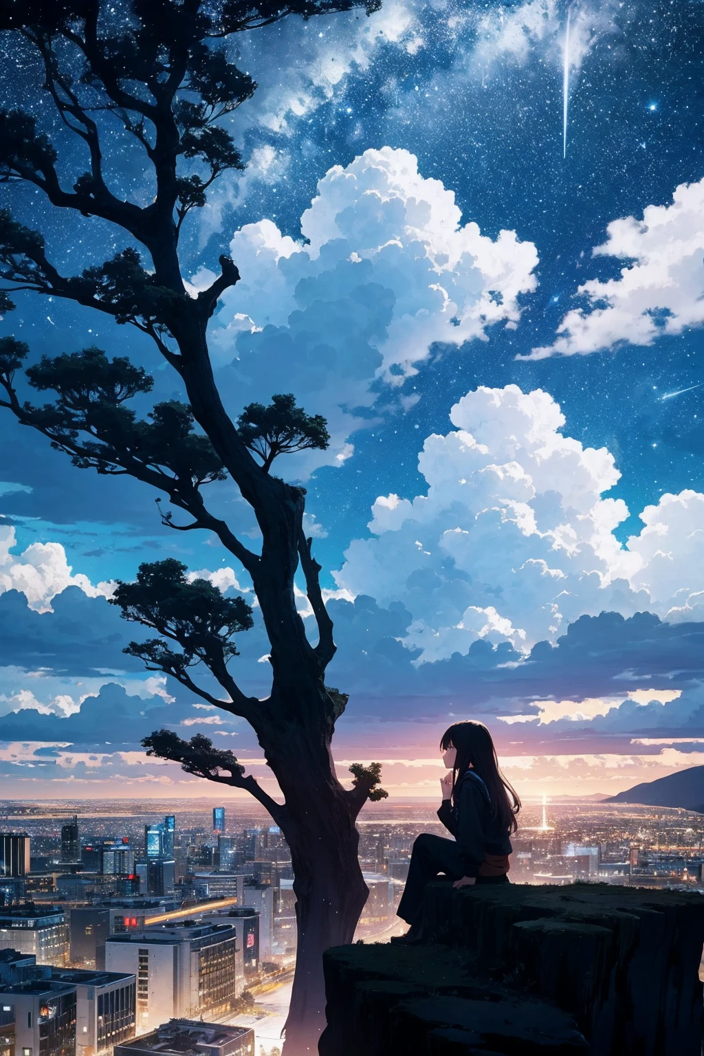 octans, sky, star (sky), scenery, starry sky, night, 1girl, night sky, solo, outdoors, building, cloud, milky way, sitting, tree, long hair, city, silhouette, cityscape