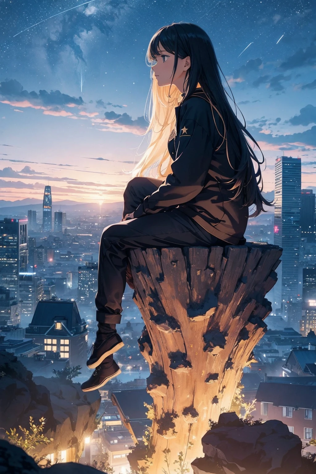 octans, sky, star (sky), scenery, starry sky, night, 1girl, night sky, solo, outdoors, building, cloud, milky way, sitting, tree, long hair, city, silhouette, cityscape