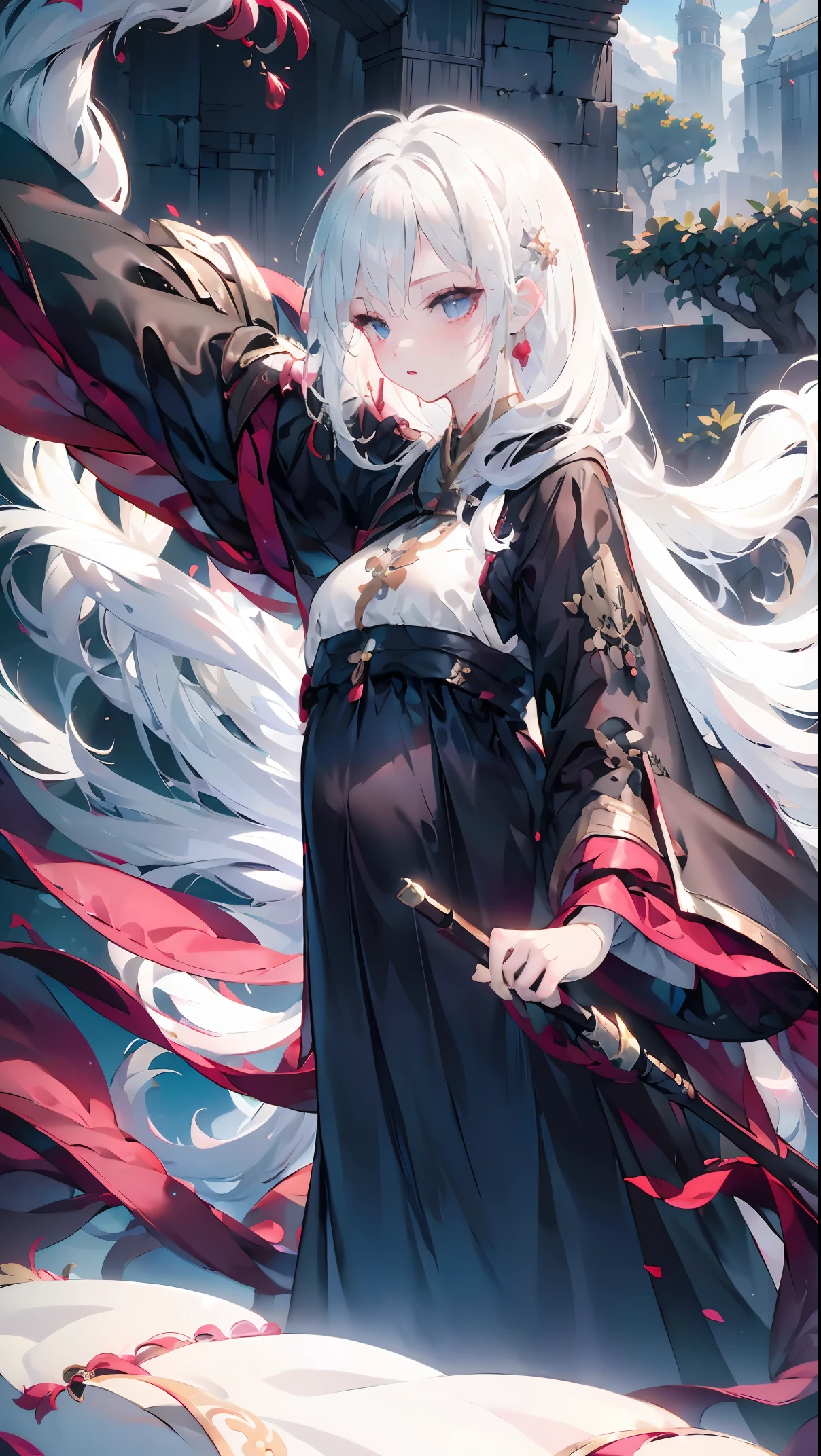 Golden hairpin, white ash hair, black shirt, white skirt, (black cloak:1.2), pale face, sweating, heavy breath, blushing, pregnancy  dresest quality:1.2), ultra-detailed,realistic ,portraits, vivid colors, soft lighting, interesting PoV, stocking, straight hair, pregnant, Pregnant  belly, anime girl, solo girl, light blue eye,