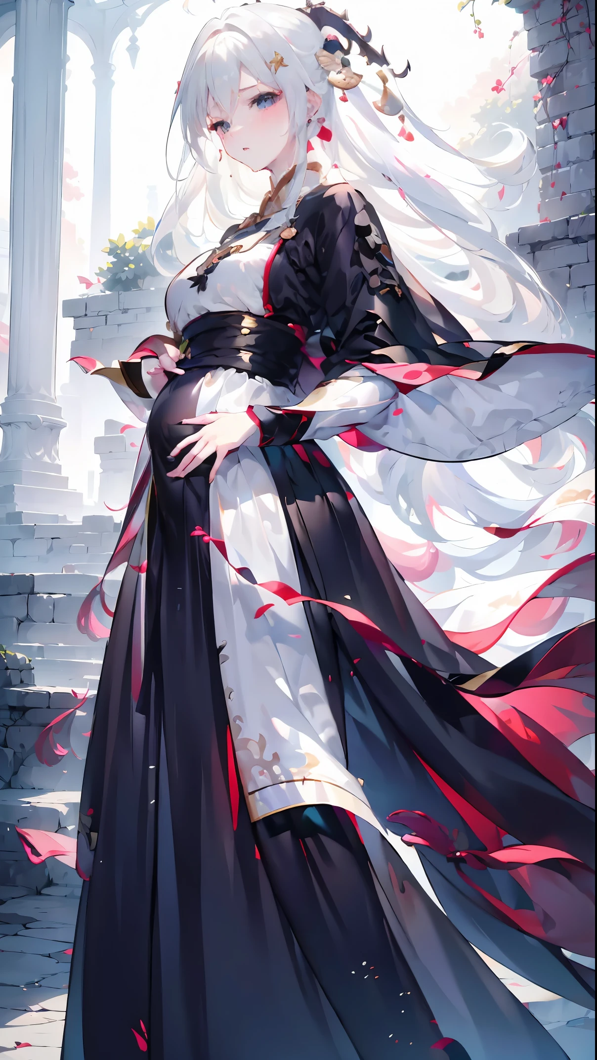 Golden hairpin, white ash hair, black shirt, white skirt, (black cloak:1.2), pale face, sweating, heavy breath, blushing, pregnancy  dresest quality:1.2), ultra-detailed,realistic ,portraits, vivid colors, soft lighting, interesting PoV, stocking, straight hair, pregnant, Pregnant  belly, anime girl, solo girl, light blue eye,