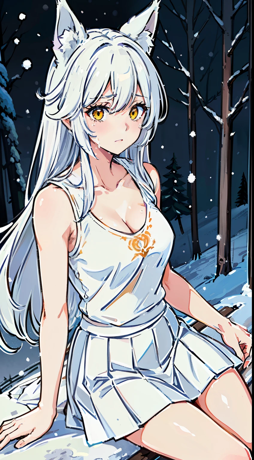 1girl,solo,medium breasts,mature female,,((white sleeveless and shoulderless t-shirt,cleavage, white pleated skirt)),silver hair,long hair,yellow eyes,fox ears,((sitting in snow,snowing,in a forest,night)),from front,crying,(scared face),night,looking to the view,cowboy shot