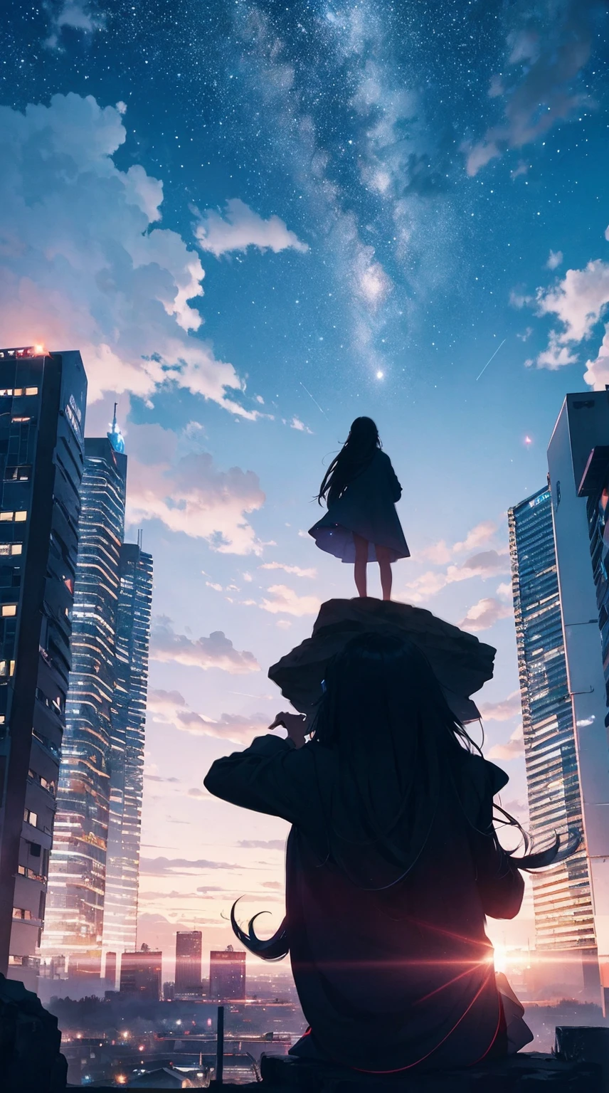 octans, sky, star (sky), scenery, starry sky, night, 1girl, night sky, solo, outdoors, building, cloud, milky way, sitting, tree, long hair, city, silhouette, cityscape