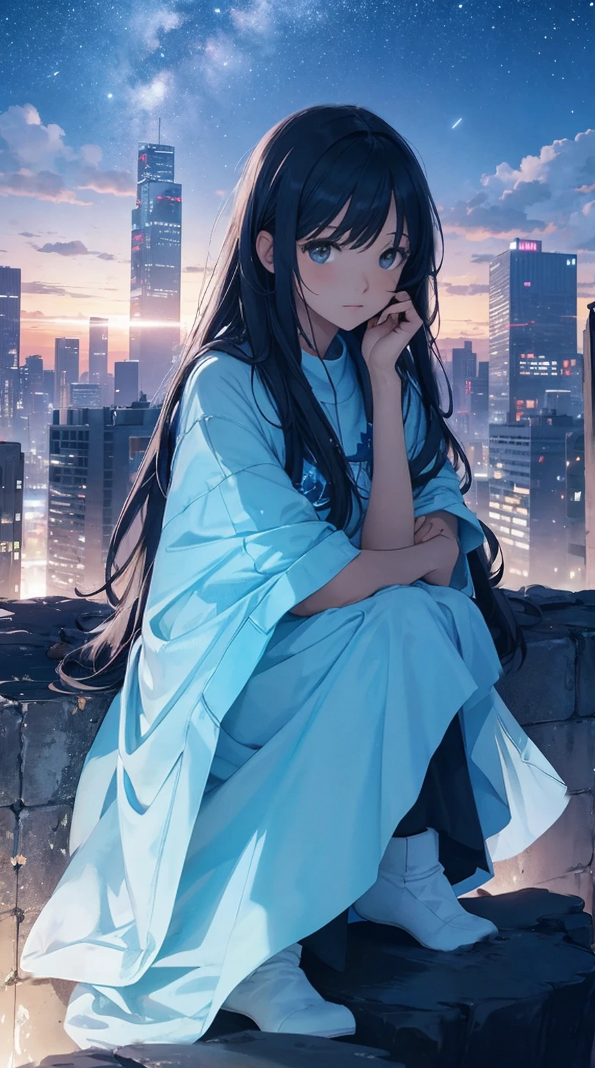 octans, sky, star (sky), scenery, starry sky, night, 1girl, night sky, solo, outdoors, building, cloud, milky way, sitting, tree, long hair, city, silhouette, cityscape