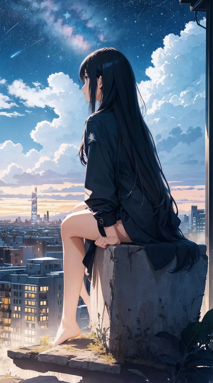 Absurd, Ultra-high resolution, (Official Art, beautifully、mysterious:1.2), Correct human body composition, Striking eyes, length, Shiny black hair, Larger than average bust, Girl listening to music with headphones, Looking out the window, lo-fi girl, Oversized hoodie, Makoto Shinkai and Artgelm, Anime atmosphere, Lofi Art Style, Anime style 8k, Anime Aesthetics, Lo-fi feel, Anime Art Wallpapers 8K, An atmosphere of praise, City Room, Teenage girl's room, A room for music lovers, city view from the window, Impressive cityscape, Bright sky