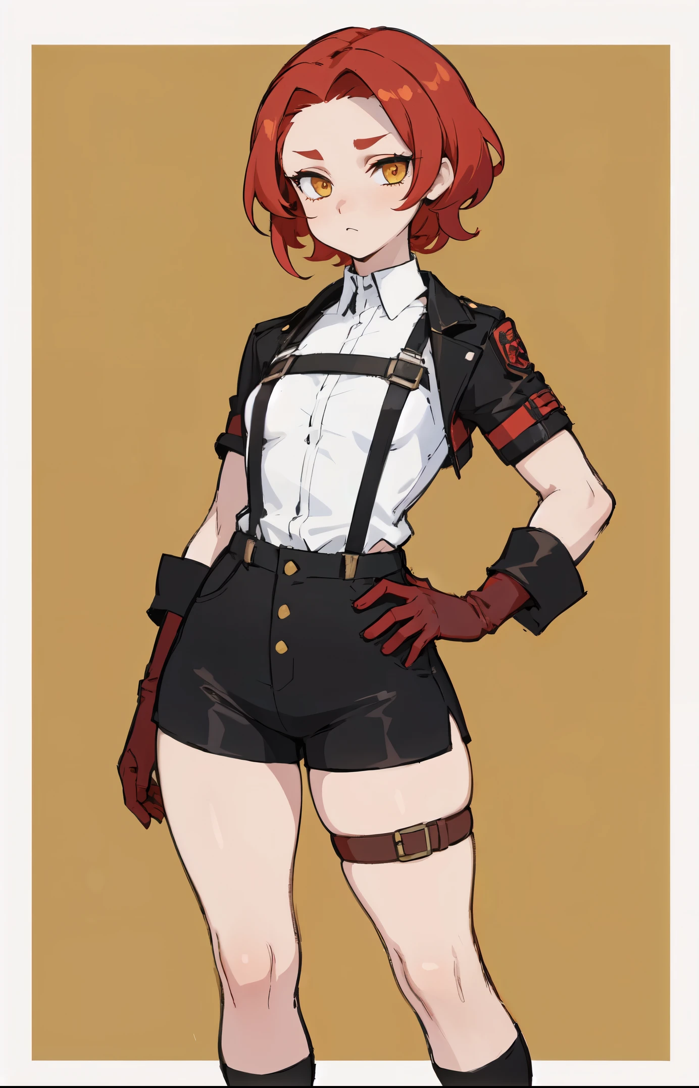 1girl, young woman, solo, short hair, Small hair, (forehead:1.2), yellow eyes, sharp ocular posture, (scarlet red hair), light brown skin tone, Athletic, muscular, medium breasts, (cropped jacket, black jacket), white shirt, collared shirt, (chest harness, shoulder strap:1.15), black leather shorts, pantyhose 7/8, garter belt, gloves, elegant, looking at viewer, standing, mustard color background, masterpiece, best quality, 4k