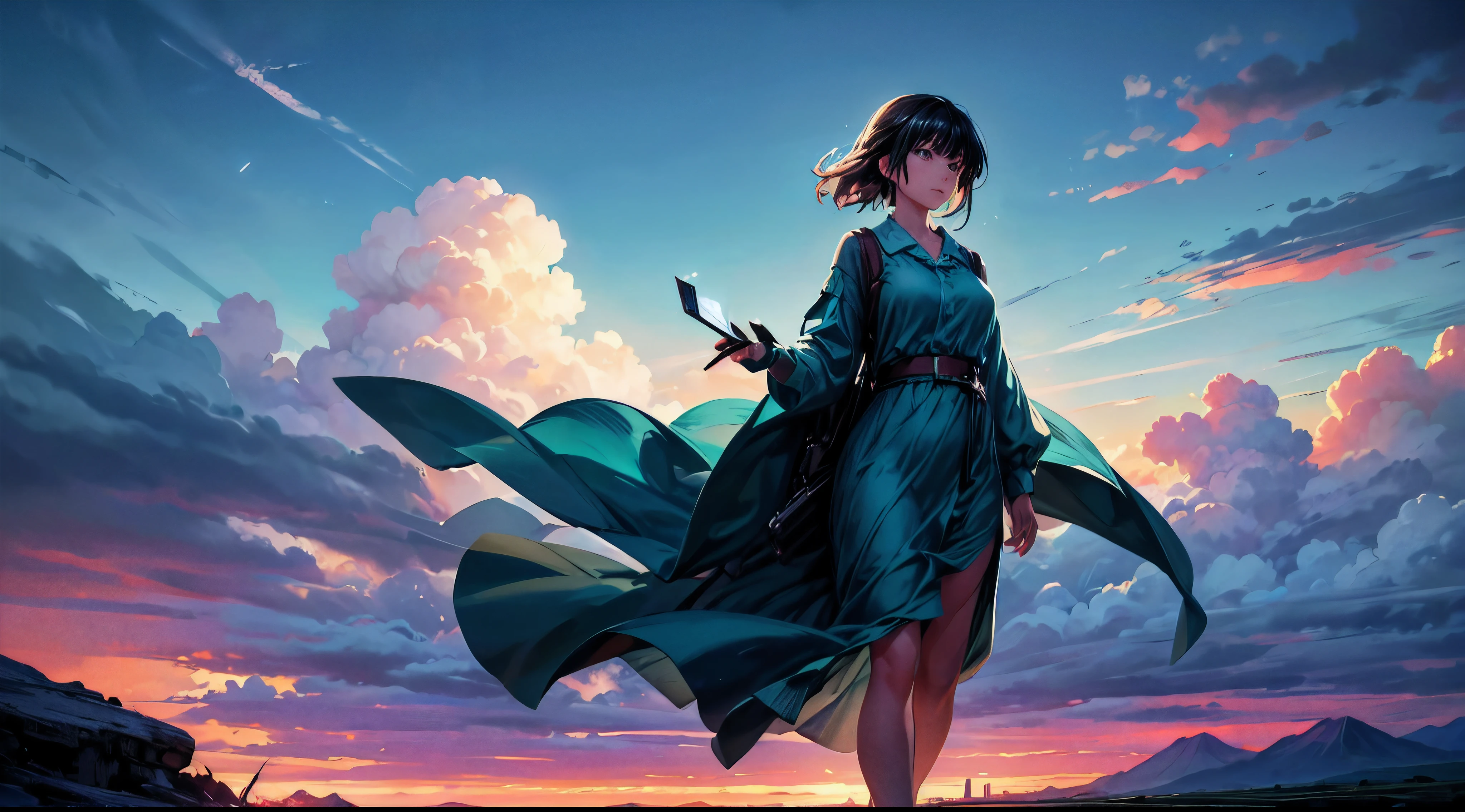 A woman who was looking at the vast sky, Vast sky, 1woman, 1character, looking at sky, sky with cloud, many clouds, glowing light, nightshirt, over green mountains, detailed promp, detailed anatomy, Masterpiece, detailed body, ultra resolution, ultra-detailed